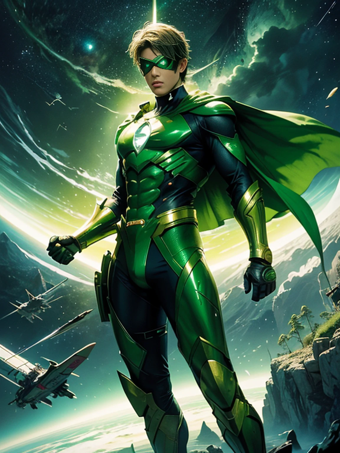 Fotorealista, designe de alta qualidade, detalhes definidos e nitidos, 8k, homem masculino jovem e bonito, imagem com o corpo inteiro, full body, lanterna verde, rosto liso e sem pelos, cabelo na cor verde verde, olhos iluminados, anel do poder com energia verde, Hero mask covering eyes, green superhero costume, personagem lanterna verde, DC comics, Superhero, rosto com imagem definida, Full body flying in space, green lighting, fundo do espaco com planetas e estrelas