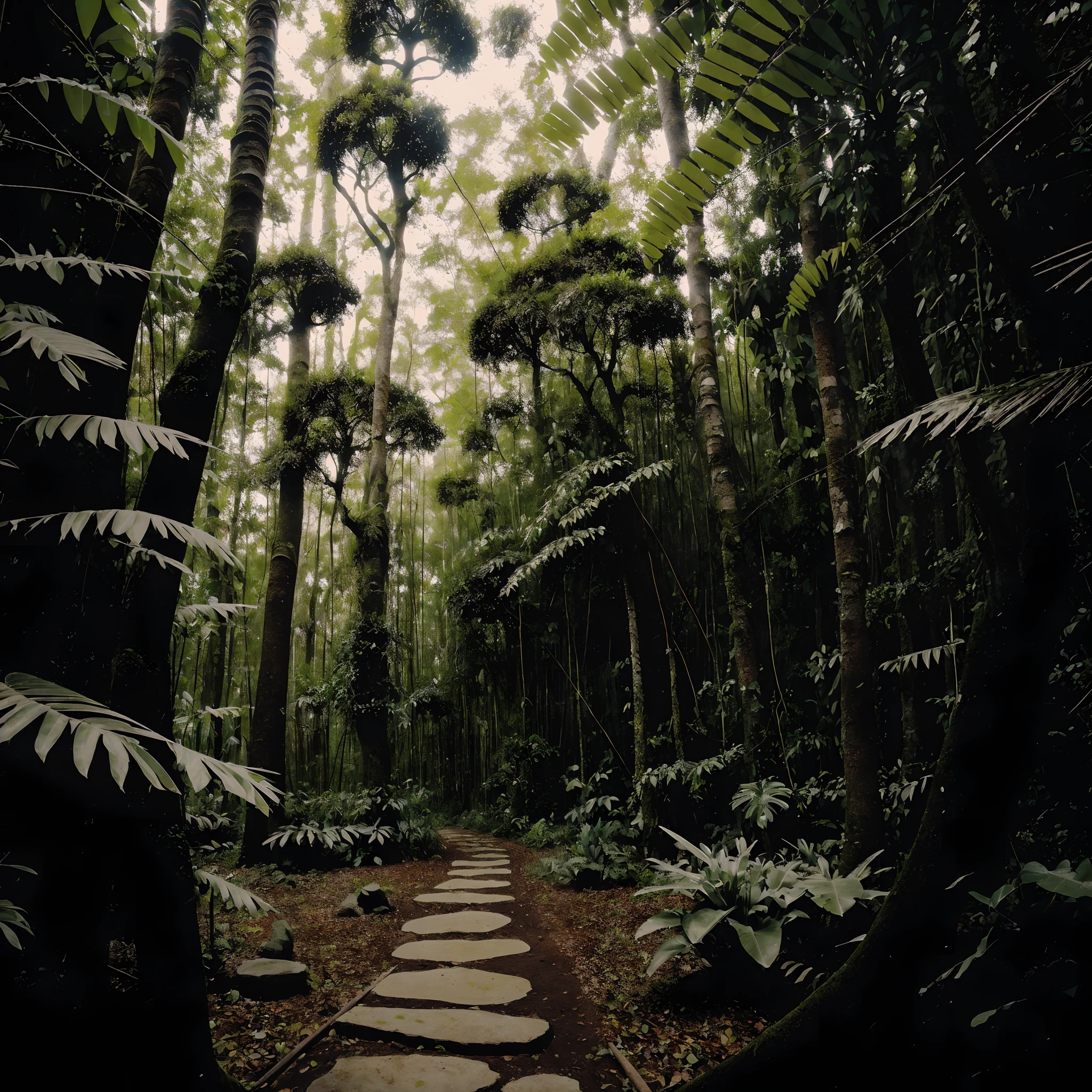 Hyperdetailed regenerative [glitch] still, (koan), matte, understated, (meditative: 1.2), (harmonic) impressionism, cerebral, (interconnected), labyrinth, (introspective), psyche, balanced and reciprocal, concept: "A mysterious jungle with dense foliage, winding paths, and a sense of ancient wisdom. The jungle acts as the lungs of biological life, providing oxygen and absorbing carbon dioxide. Imagine a place where nature reigns supreme, where the sounds of wildlife echo through the trees and the air is thick with the scent of exotic flowers. This jungle is a living organism in itself, pulsing with energy and vitality."