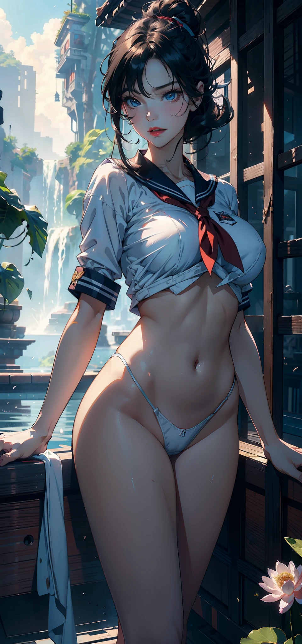 1womanl，33yo，熟妇，A MILF，extremely large bosom，Raised sexy，Pornographic exposure， 独奏，（Background with：the rainforest，lotus flower，Ground area water）On the plane， She has short black hair，A ball head，Redlip，裸体少女，dynamicposes，seen from the front， hair straight， mostly cloudy sky，（（（tmasterpiece），（Very detailed CG unity 8K wallpaper），best qualtiy，cinmatic lighting，detailed back ground，beatiful detailed eyes，Bright pupils，（Very fine and beautiful），（Beautiful and detailed eye description），Blue eyes，Redlip，ultra - detailed，tmasterpiece，）），facing at camera，（The upper part of the body），A high resolution，ultra - detailed），revealing breasts，Bare genitalia，  Bulge，Leakage of the genitals，Incontinence，legs are open，sexyposture，Camel toes，Flushed complexion，frontage，elementary student，（Wearing：，a sailor suit）Bare ，Bare lower body，legs are open