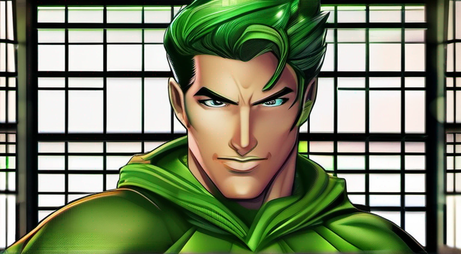 Fotorealista, designe de alta qualidade, detalhes definidos e nitidos, 8k, homem masculino jovem e bonito, imagem com o corpo inteiro, full body, lanterna verde, rosto liso e sem pelos, cabelo na cor verde verde, olhos iluminados, anel do poder com energia verde, Hero mask covering eyes, green superhero costume, personagem lanterna verde, DC comics, Superhero, rosto com imagem definida, Full body flying in space, green lighting, fundo do espaco com planetas e estrelas --auto