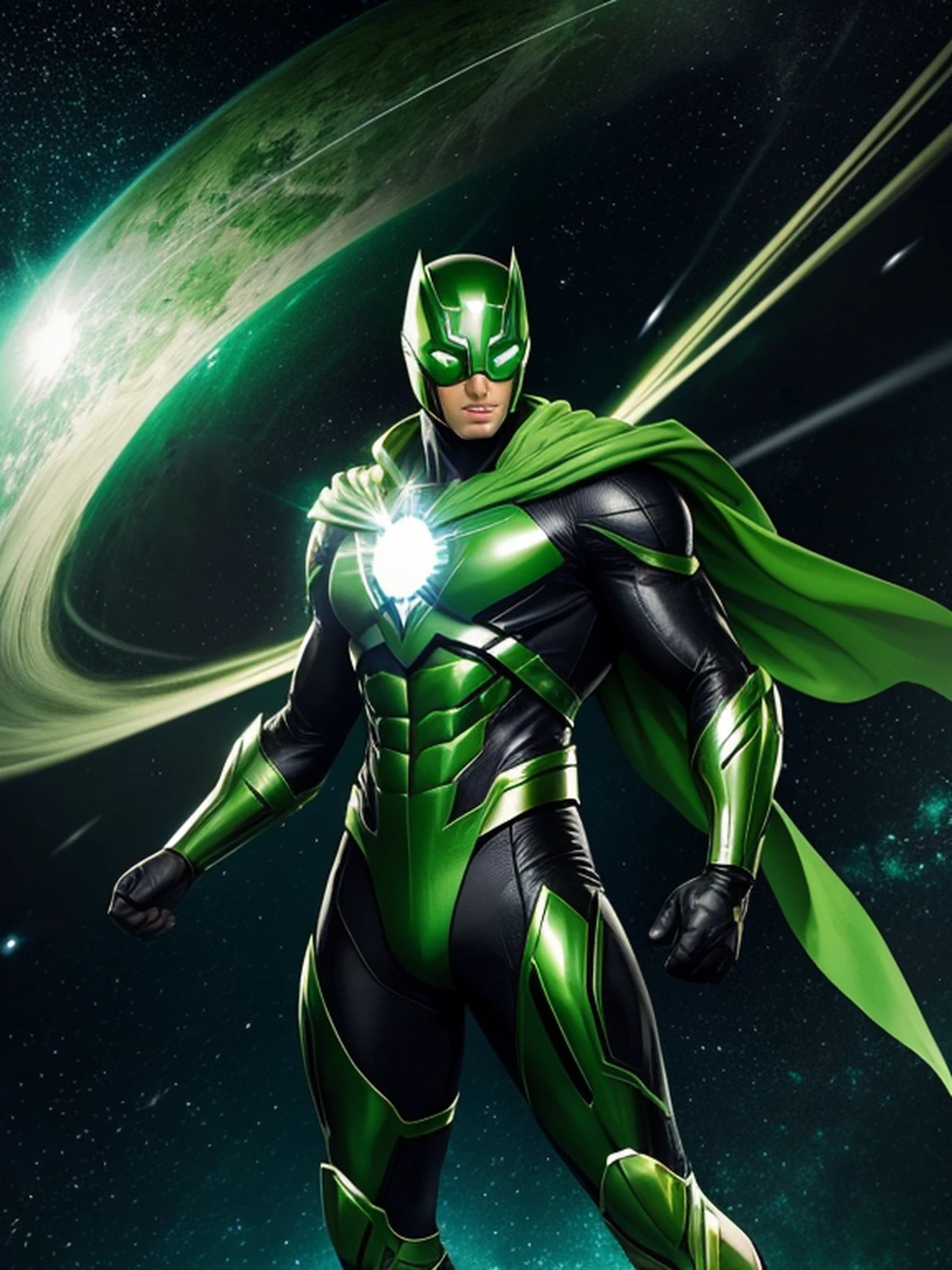 Fotorealista, designe de alta qualidade, detalhes definidos e nitidos, 8k, homem masculino jovem e bonito, imagem com o corpo inteiro, full body, lanterna verde, rosto liso e sem pelos, cabelo na cor verde verde, olhos iluminados, anel do poder com energia verde, Hero mask covering eyes, green superhero costume, personagem lanterna verde, DC comics, Superhero, rosto com imagem definida, Full body flying in space, green lighting, fundo do espaco com planetas e estrelas