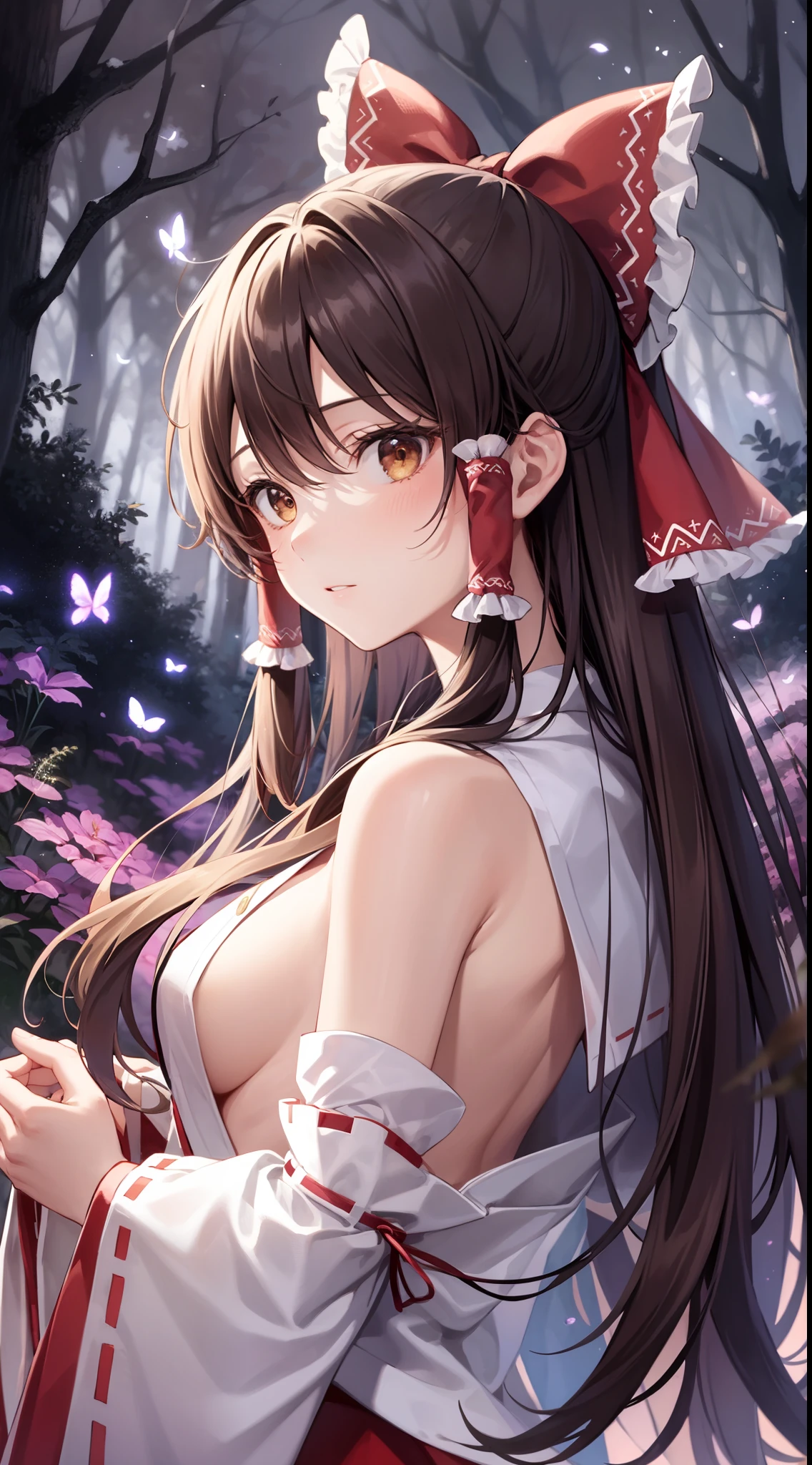 detailed background, masterpiece, best quality, 1girl, hakurei reimu, brown hair, hair tubes, hair ribbon, brown eyes, nontraditional miko, a forest full of purple and white trees, fireflies, water, purple theme, white theme, mystical, magical,sideboob,