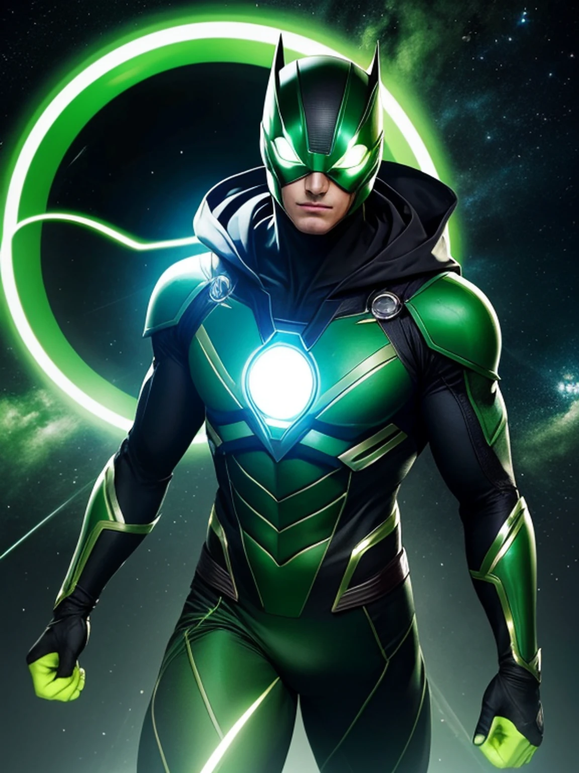 Fotorealista, designe de alta qualidade, detalhes definidos e nitidos, 8k, homem masculino jovem e bonito, imagem com o corpo inteiro, full body, lanterna verde, rosto liso e sem pelos, cabelo na cor verde verde, olhos iluminados, anel do poder com energia verde, Hero mask covering eyes, green superhero costume, personagem lanterna verde, DC comics, Superhero, rosto com imagem definida, Full body flying in space, green lighting, fundo do espaco com planetas e estrelas