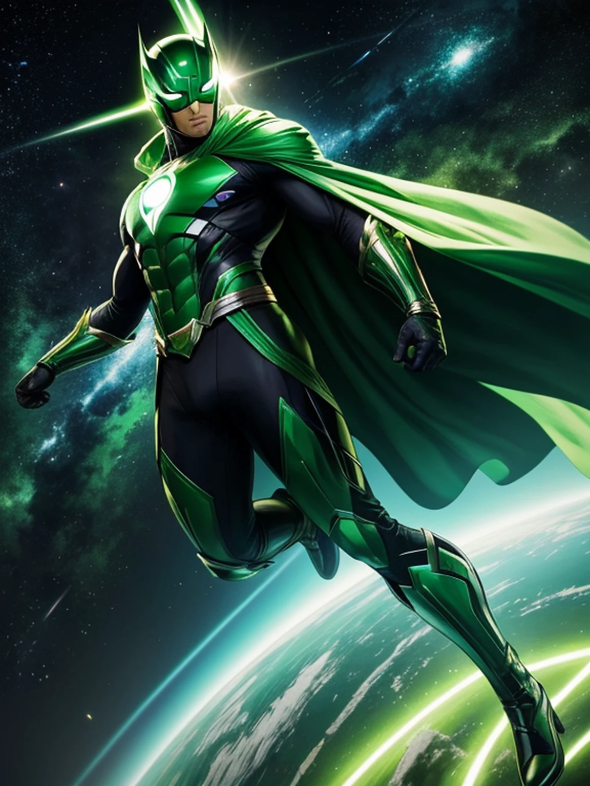 Fotorealista, designe de alta qualidade, detalhes definidos e nitidos, 8k, homem masculino jovem e bonito, imagem com o corpo inteiro, full body, lanterna verde, rosto liso e sem pelos, cabelo na cor verde verde, olhos iluminados, anel do poder com energia verde, Hero mask covering eyes, green superhero costume, personagem lanterna verde, DC comics, Superhero, rosto com imagem definida, Full body flying in space, green lighting, fundo do espaco com planetas e estrelas