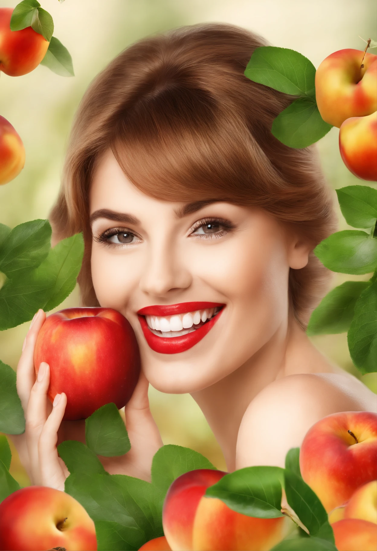 Woman holding an apple in front of her face and smiling, a digital rendering by Aleksander Gierymski, Shutterstock, Arte Nova, Agape Mouth, comer frutas podres, mouth is simple and pleasant, with apple, foto de perfil, elma, dente, red apple, Apples, she is eating a peach, fotografia de close-up, imagem, illustration]