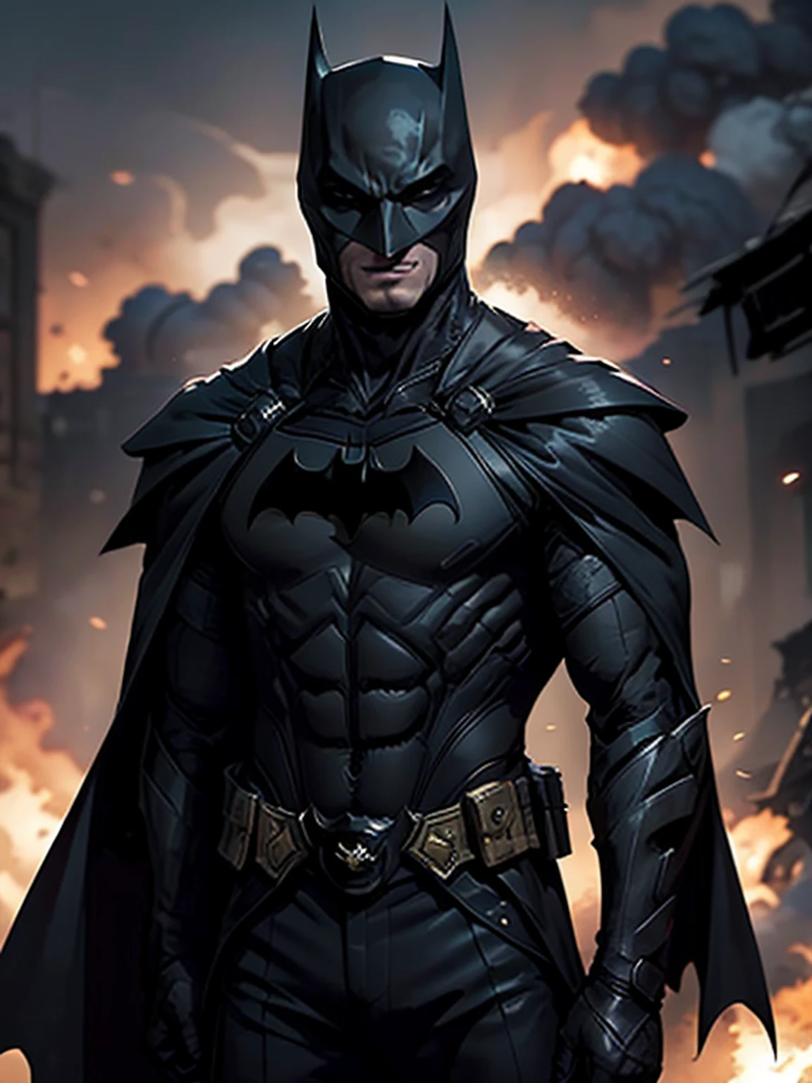 Batman from the dark knight stands with hand gun imposing in a gothic lost city. Moonlight highlights your muscles and scars. The scenery is lush and mysterious, with futuristic tech and surroundings. The camera details everything, a warrior woman, in front of him.