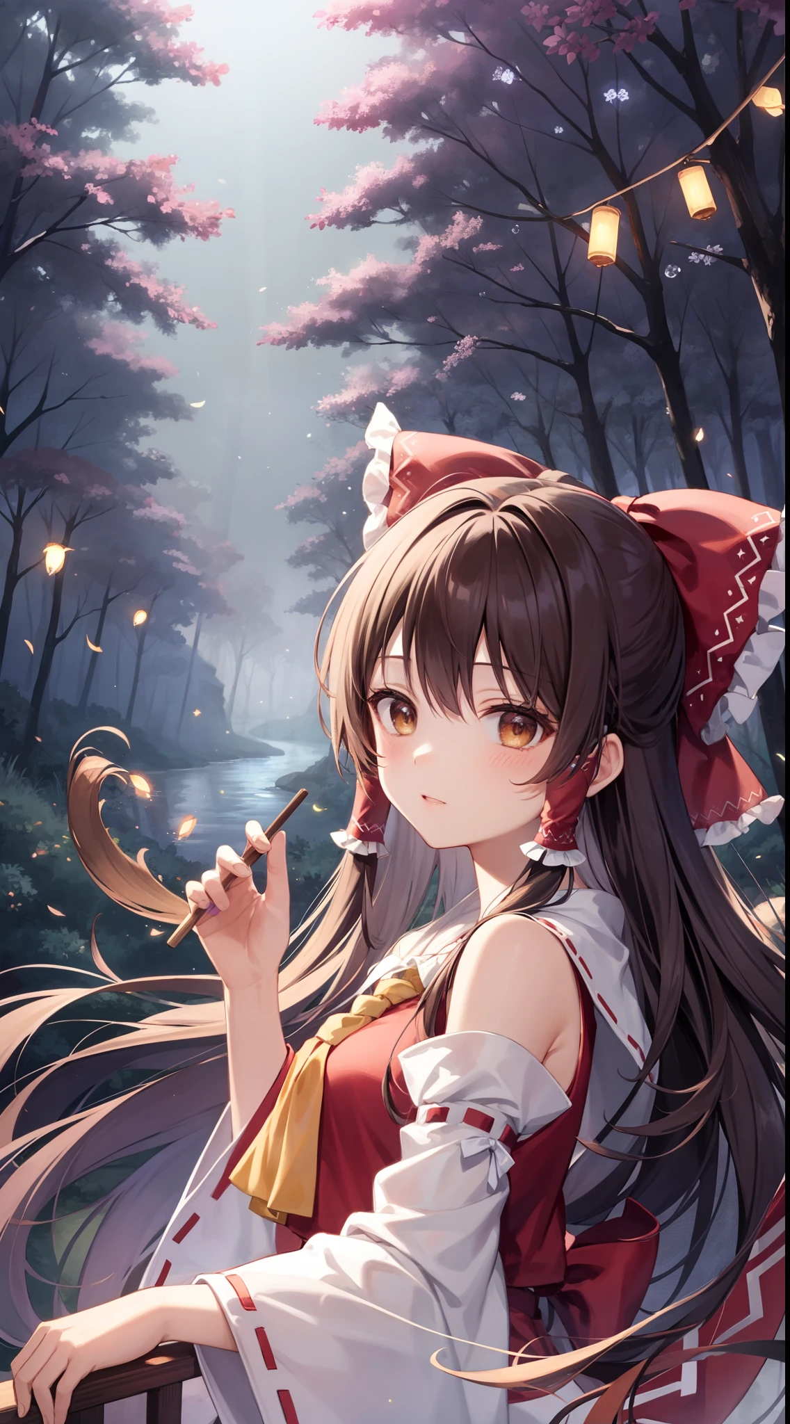 detailed background, masterpiece, best quality, 1girl, hakurei reimu, brown hair, hair tubes, hair ribbon, brown eyes, nontraditional miko, a forest full of purple and white trees, fireflies, water, purple theme, white theme, mystical, magical,