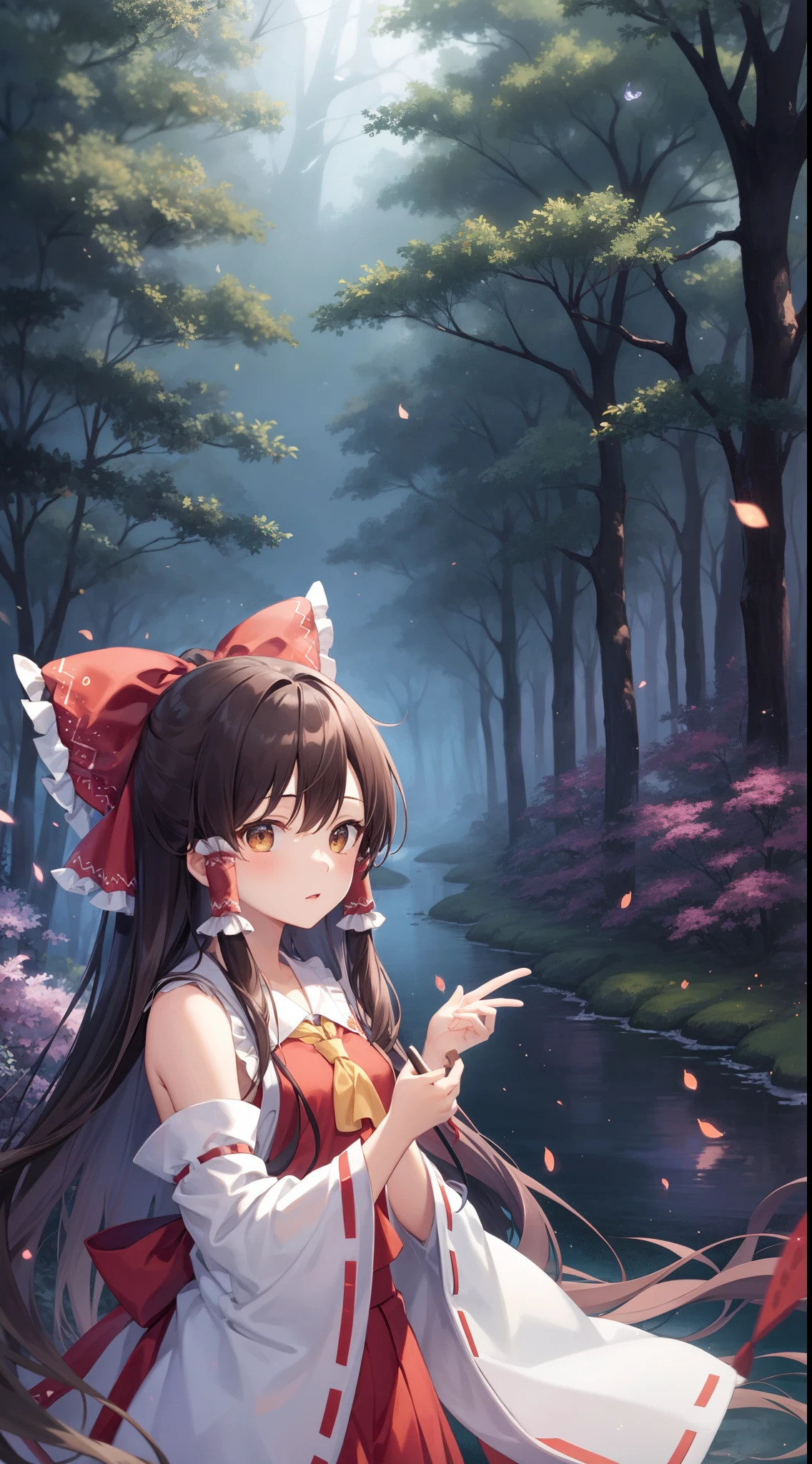 detailed background, masterpiece, best quality, 1girl, hakurei reimu, brown hair, hair tubes, hair ribbon, brown eyes, nontraditional miko, a forest full of purple and white trees, fireflies, water, purple theme, white theme, mystical, magical,