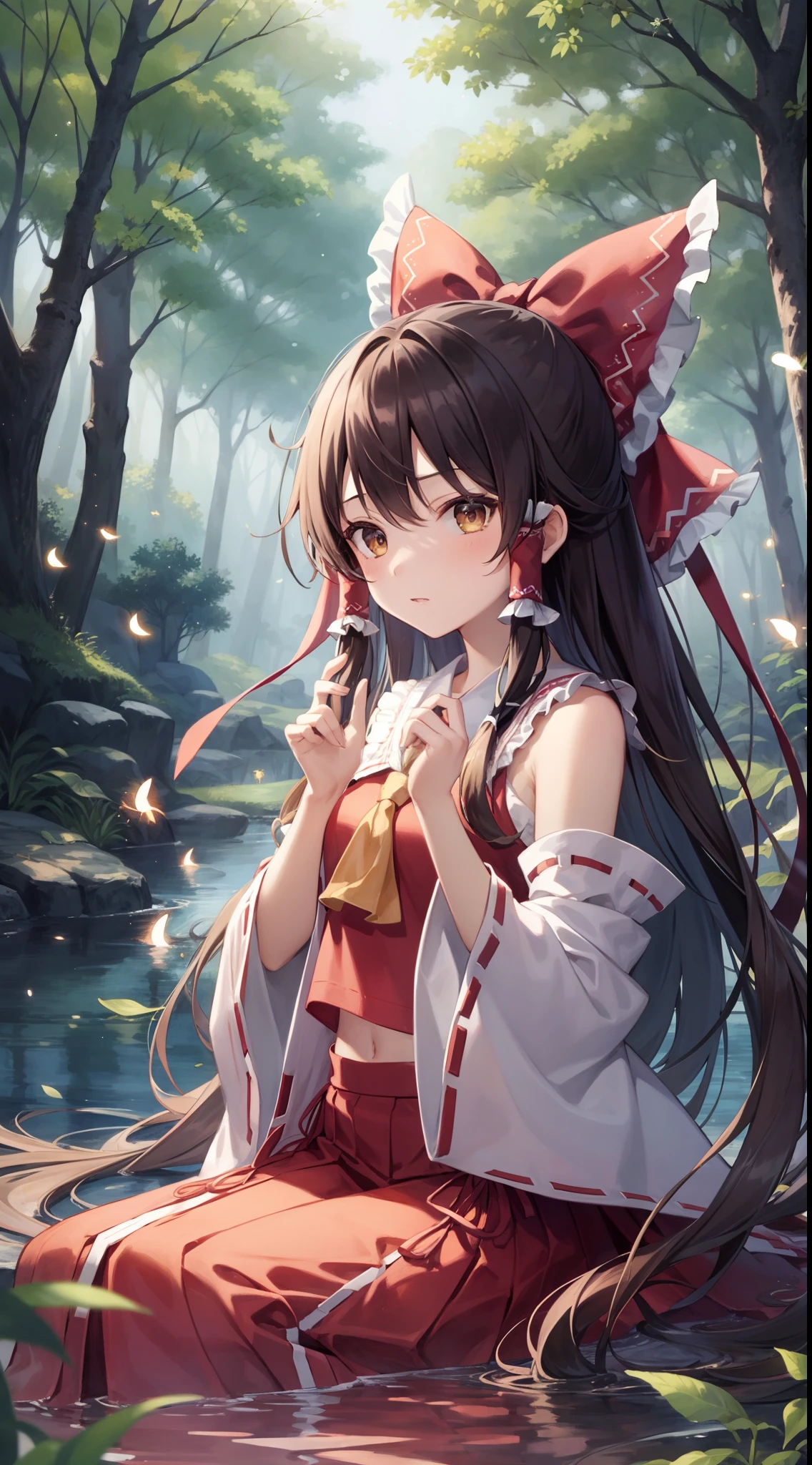 detailed background, masterpiece, best quality, 1girl, hakurei reimu, brown hair, hair tubes, hair ribbon, brown eyes, nontraditional miko, a forest full of purple and white trees, fireflies, water, purple theme, white theme, mystical, magical,