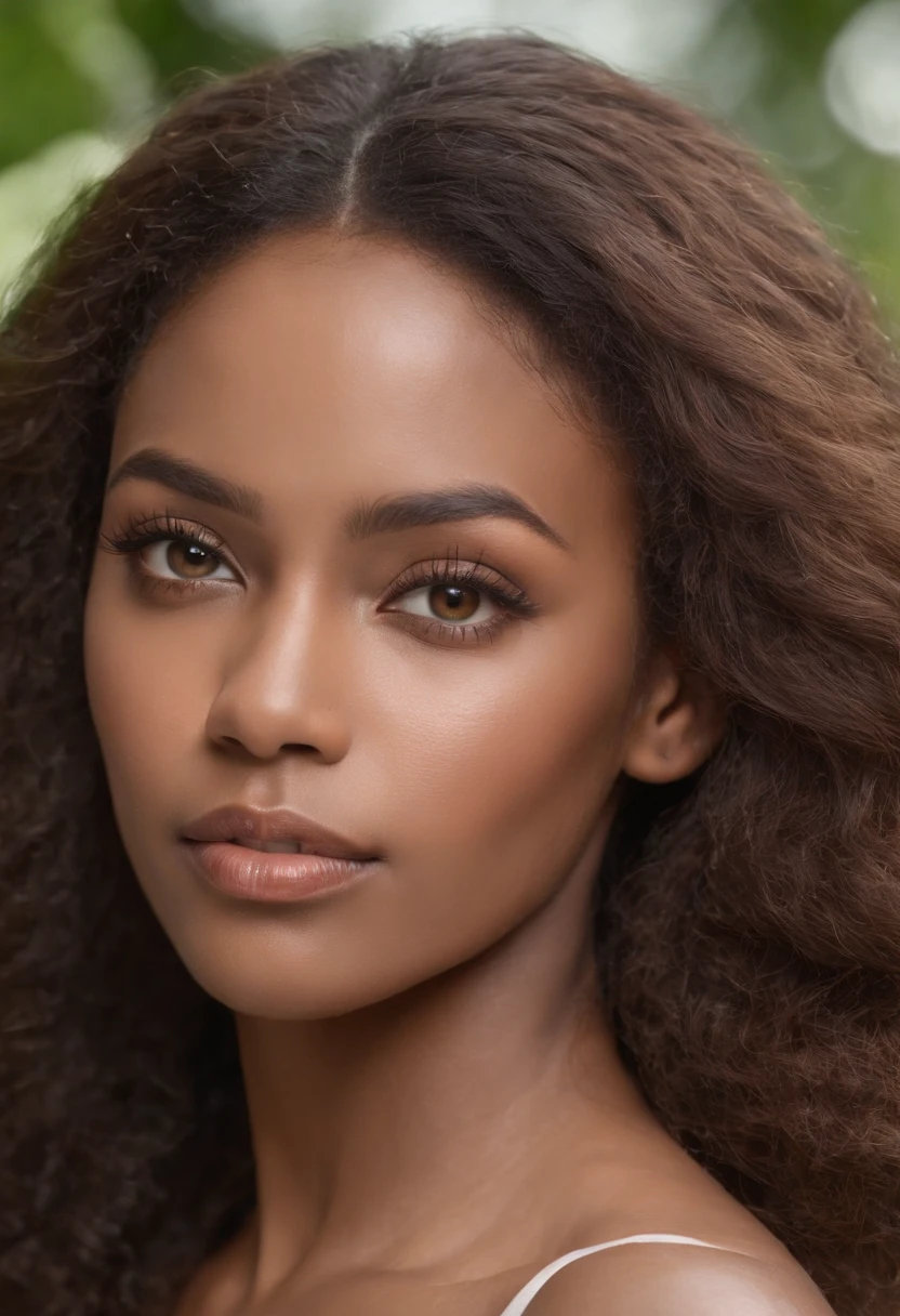 dark brown skin, beautiful face, afro hair, natural afro, long hair, african tribal theme, ((crystal clear hazel eyes:1.2)), detailed eyes, beautiful eyes, ((masterpiece, UHD, 8K)), Depth of field, jamaican trees, cleavage, large breasts, focus on eyes, breasts popping out, detailed skin, texture skin, sexy shoulders, golden brown tan, highly detailed skin, long eyelashes, black mascara, perfect face