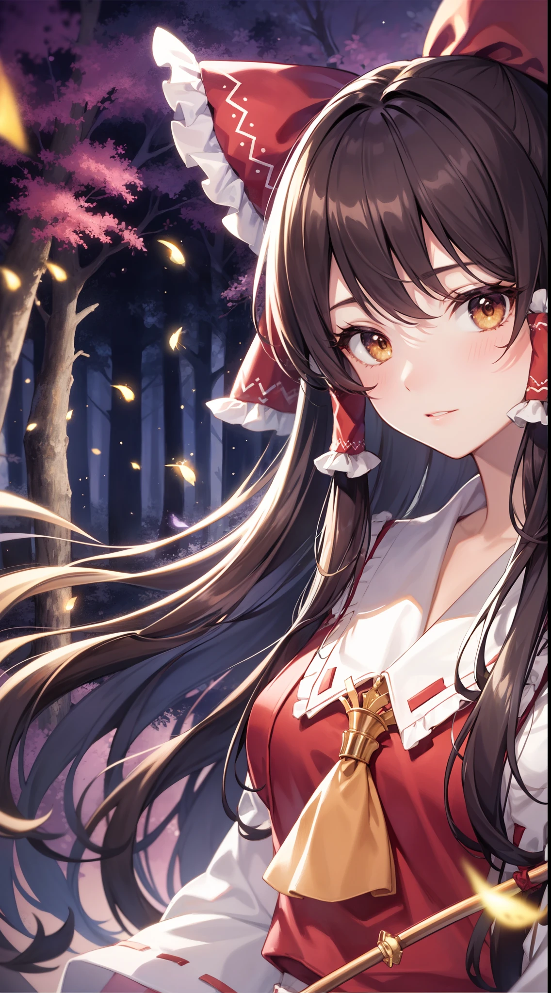 detailed background, masterpiece, best quality, 1girl, hakurei reimu, brown hair, hair tubes, hair ribbon, brown eyes, nontraditional miko, a forest full of purple and white trees, fireflies, water, purple theme, white theme, mystical, magical,