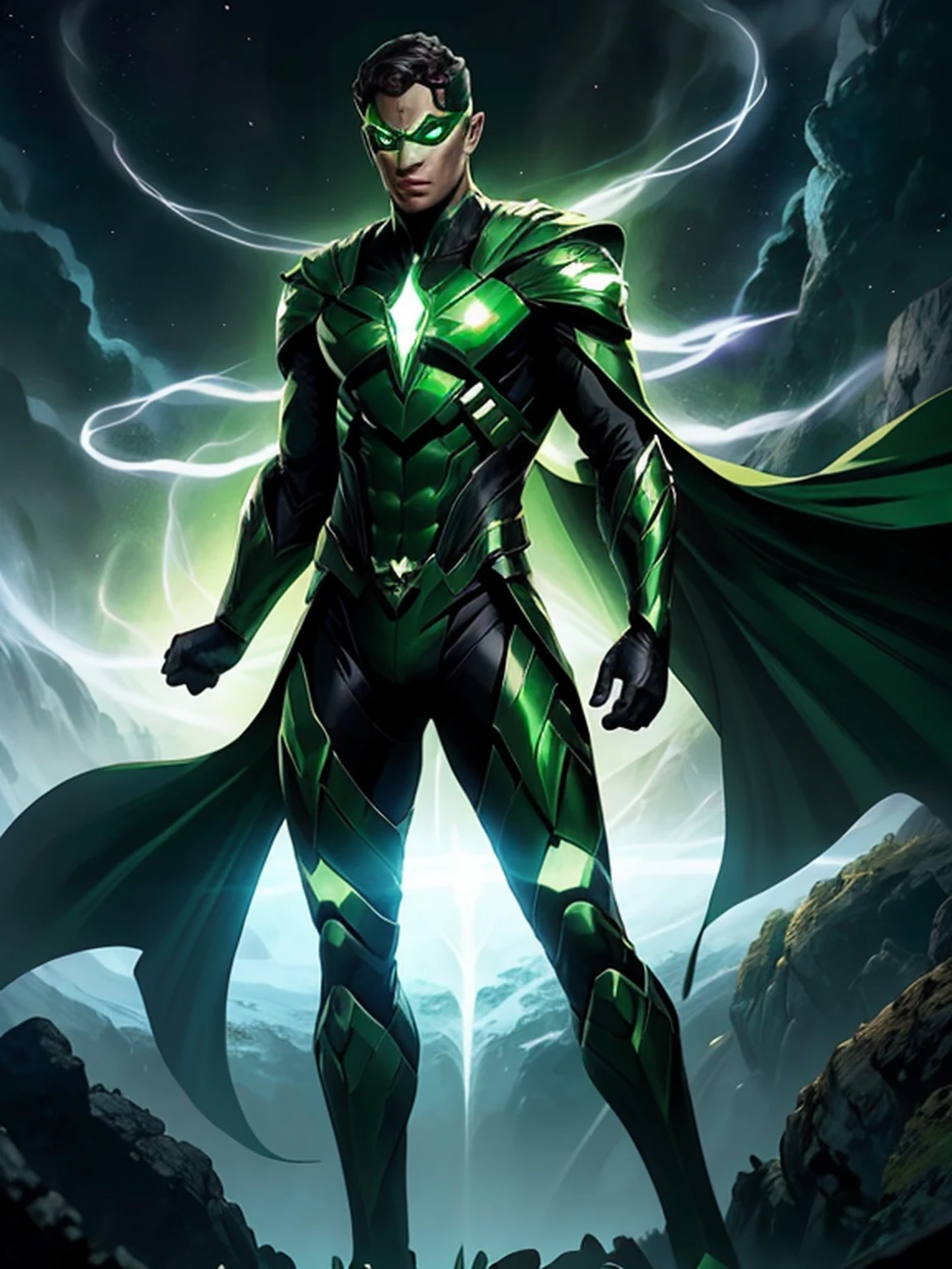 Fotorealista, designe de alta qualidade, detalhes definidos e nitidos, 8k, homem masculino jovem e bonito, imagem com o corpo inteiro, full body, lanterna verde, rosto liso e sem pelos, cabelo na cor verde verde, olhos iluminados, anel do poder com energia verde, Hero mask covering eyes, green superhero costume, personagem lanterna verde, DC comics, Superhero, rosto com imagem definida, Full body flying in space, green lighting, fundo do espaco com planetas e estrelas