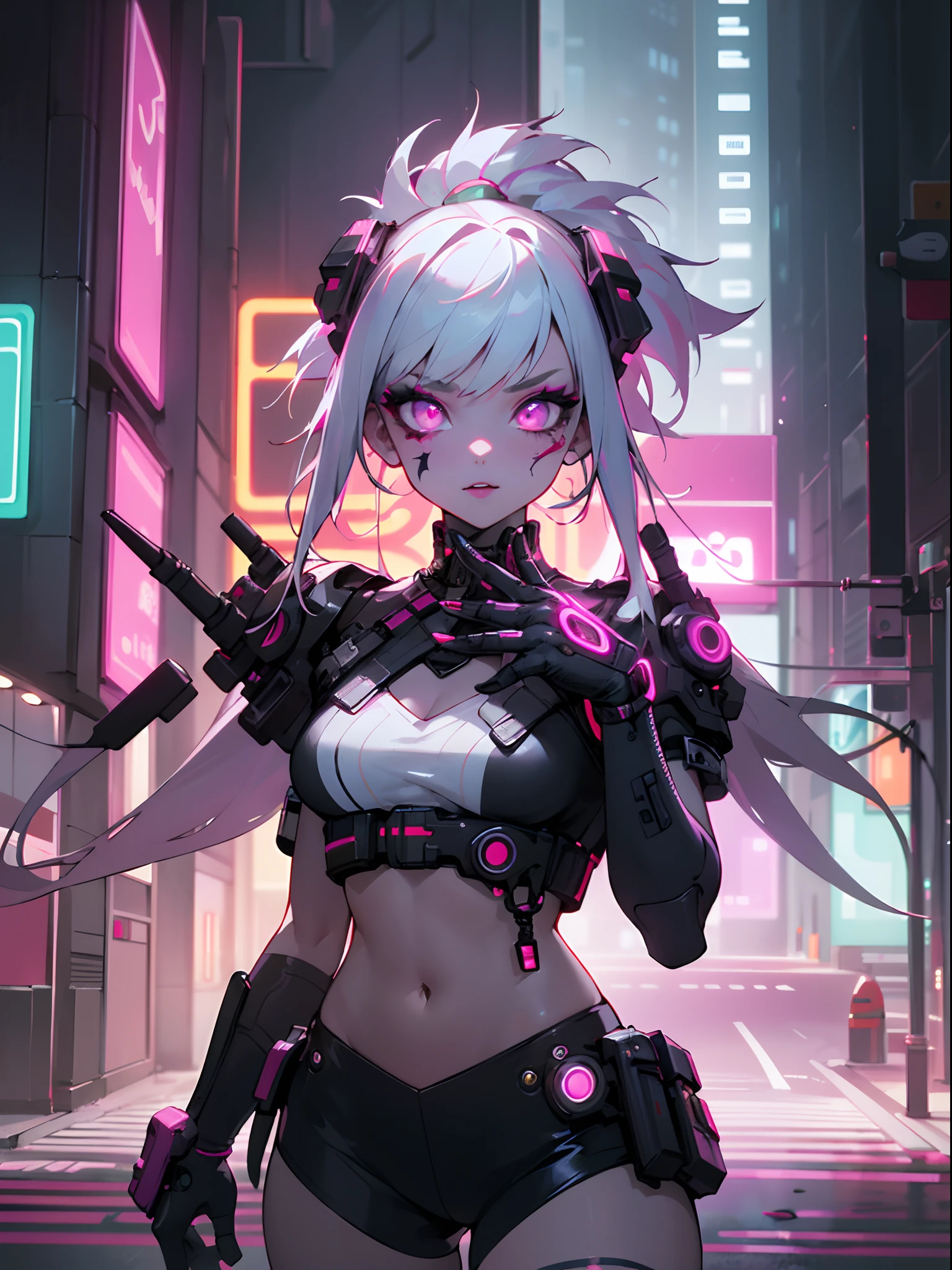 masterpiece, best quality, Confident cyberpunk girl, cowboy shot, Harajuku-inspired pop outfit, bold colors and patterns, eye-catching accessories, trendy and innovative hairstyle, vibrant makeup, Cyberpunk dazzling cityscape, skyscrapers, neon signs, LED lights, bright and vivid color scheme, insane details, beautiful detailed face, intricate details, ultra detailed.