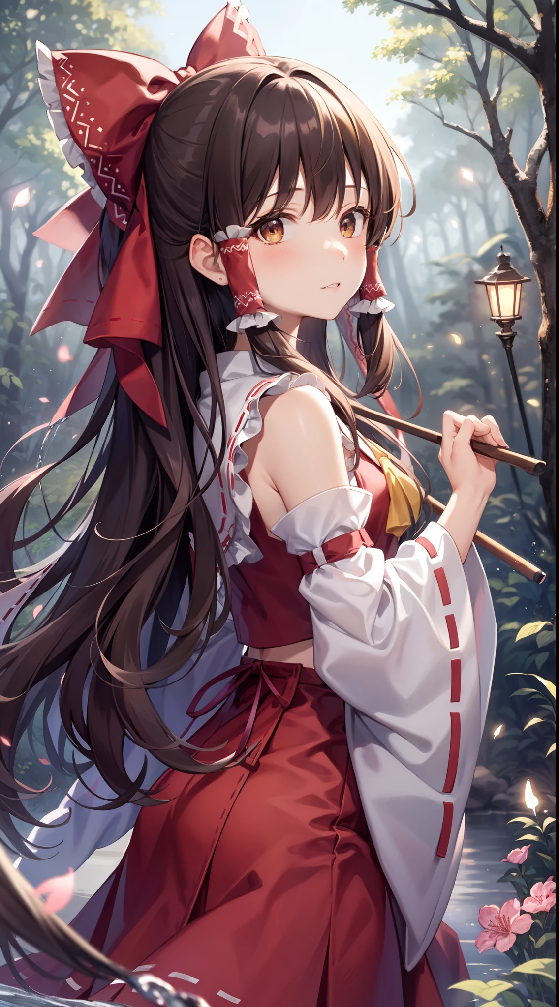 detailed background, masterpiece, best quality, 1girl, hakurei reimu, brown hair, hair tubes, hair ribbon, brown eyes, nontraditional miko, a forest full of purple and white trees, fireflies, water, purple theme, white theme, mystical, magical,