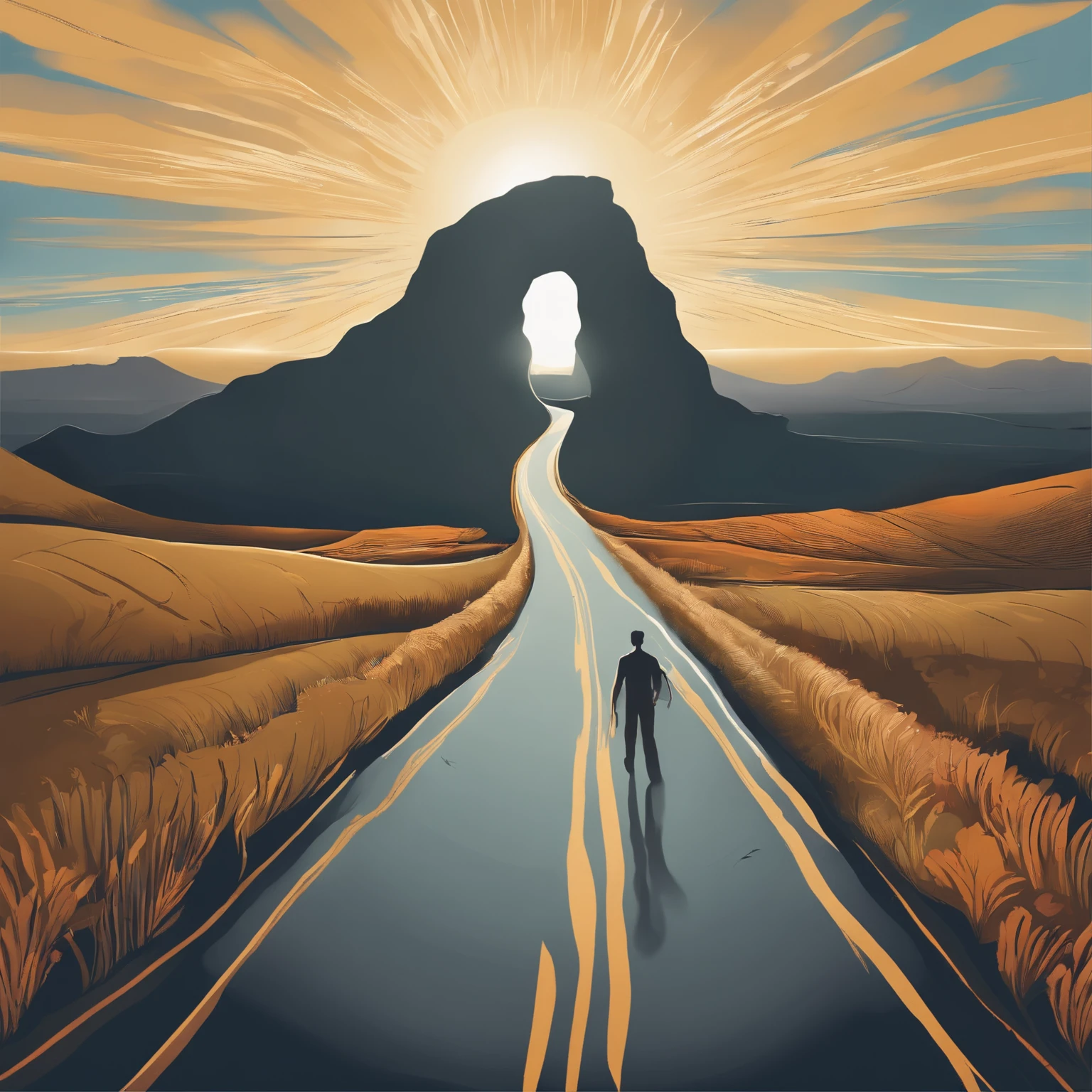 Draw an illustration that represents a journey from sadness to recovery, symbolizing overcoming depression. In the image, the highlight is a winding road that begins in a dark and desolate landscape, representing a deep sadness. As the road progresses, it turns into an illuminated path, with signs of hope such as blooming flowers and a blue sky.

At the end of the road, illustrate a figure that symbolizes resilience and recovery, such as a smiling person, with arms raised, falling victory over depression. Along the way, including elements that represent support, such as mental health professionals, friends and family offering help and guidance.

This illustration should convey the idea that even in the darkest situations, there is a path to light and hope through support, appropriate treatment and personal determination.