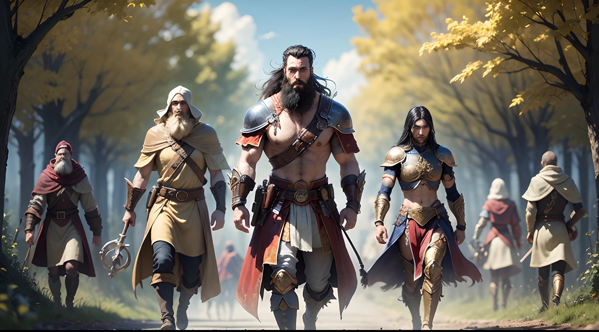 three warriors times medi endorsement black hair beard on a path preys and groups of people