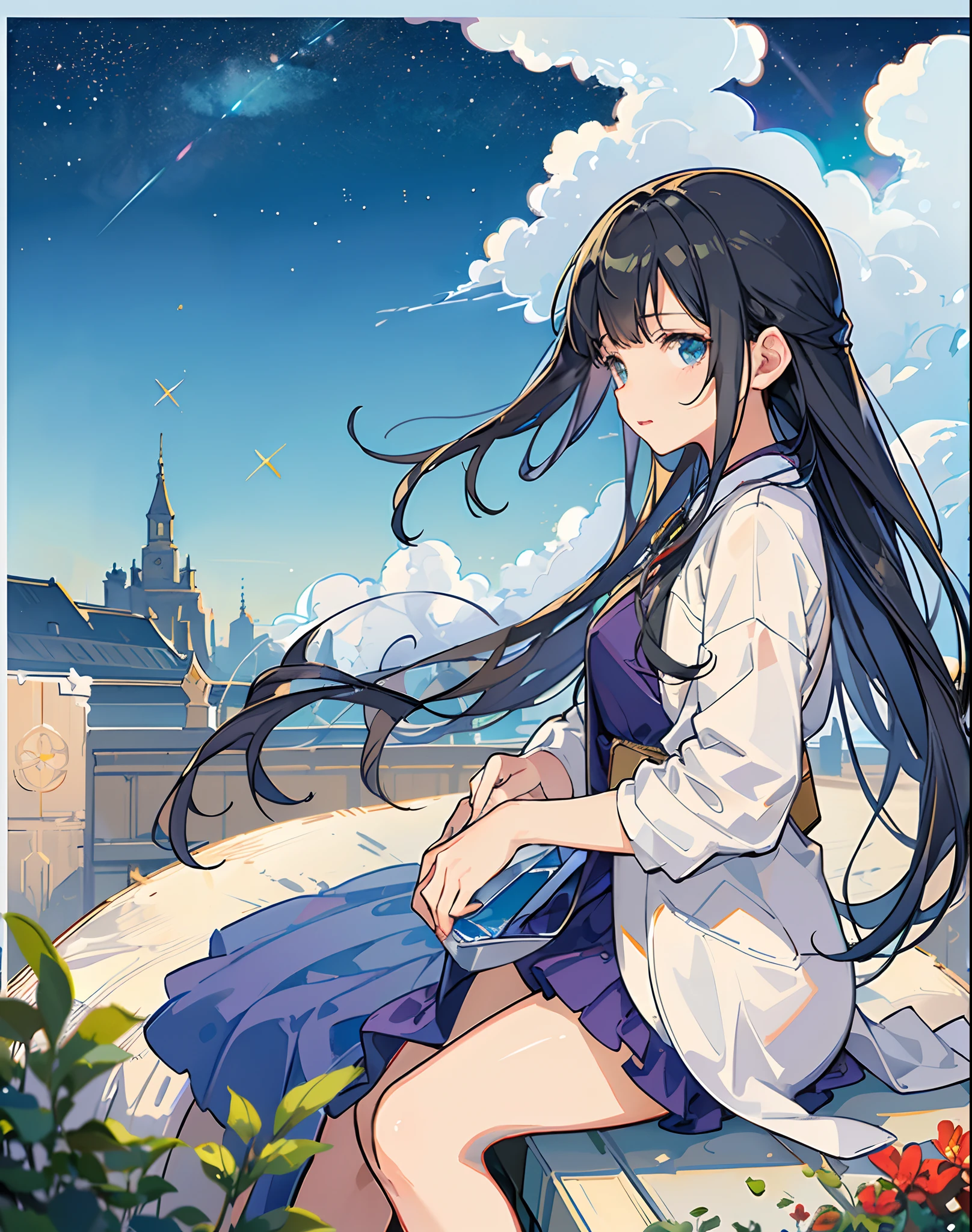 best quality, masterpiece, extremely detailed, detailed background, anime, 1girl, young girl, short girl, sci-fi, science fiction, outdoors, night, starry sky, greenhouse, megastructure, bio-dome, landscape, scenery, horizon, rooftop, sitting on rooftop, wind, looking away, atmospheric lighting, solo focus, close up, from side, depth of field, bokeh