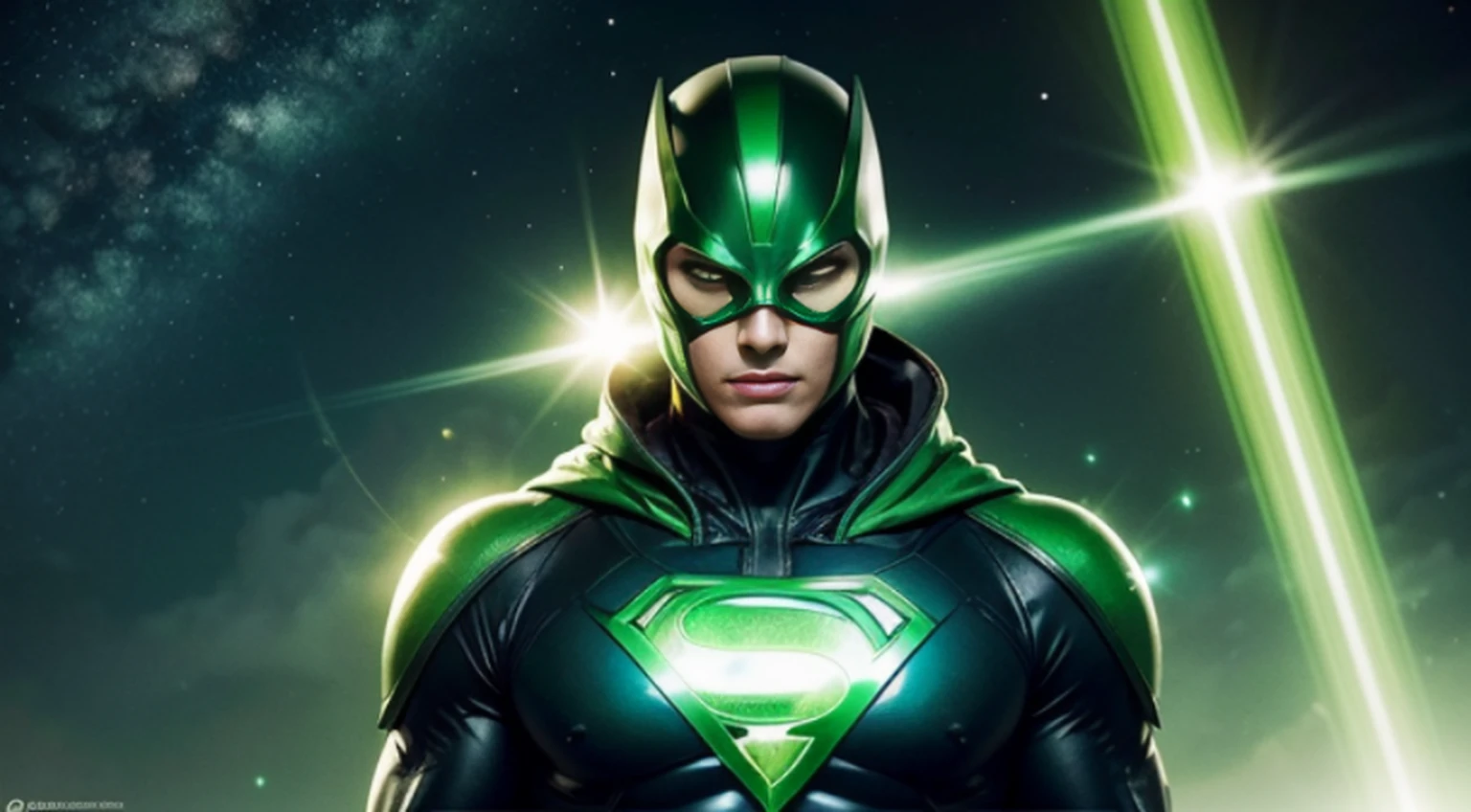 Fotorealista, designe de alta qualidade, detalhes definidos e nitidos, 8k, homem masculino jovem e bonito, imagem com o corpo inteiro, full body, lanterna verde, rosto liso e sem pelos, cabelo na cor verde verde, olhos iluminados, anel do poder com energia verde, Hero mask covering eyes, green superhero costume, personagem lanterna verde, DC comics, Superhero, rosto com imagem definida, Full body flying in space, green lighting, fundo do espaco com planetas e estrelas
