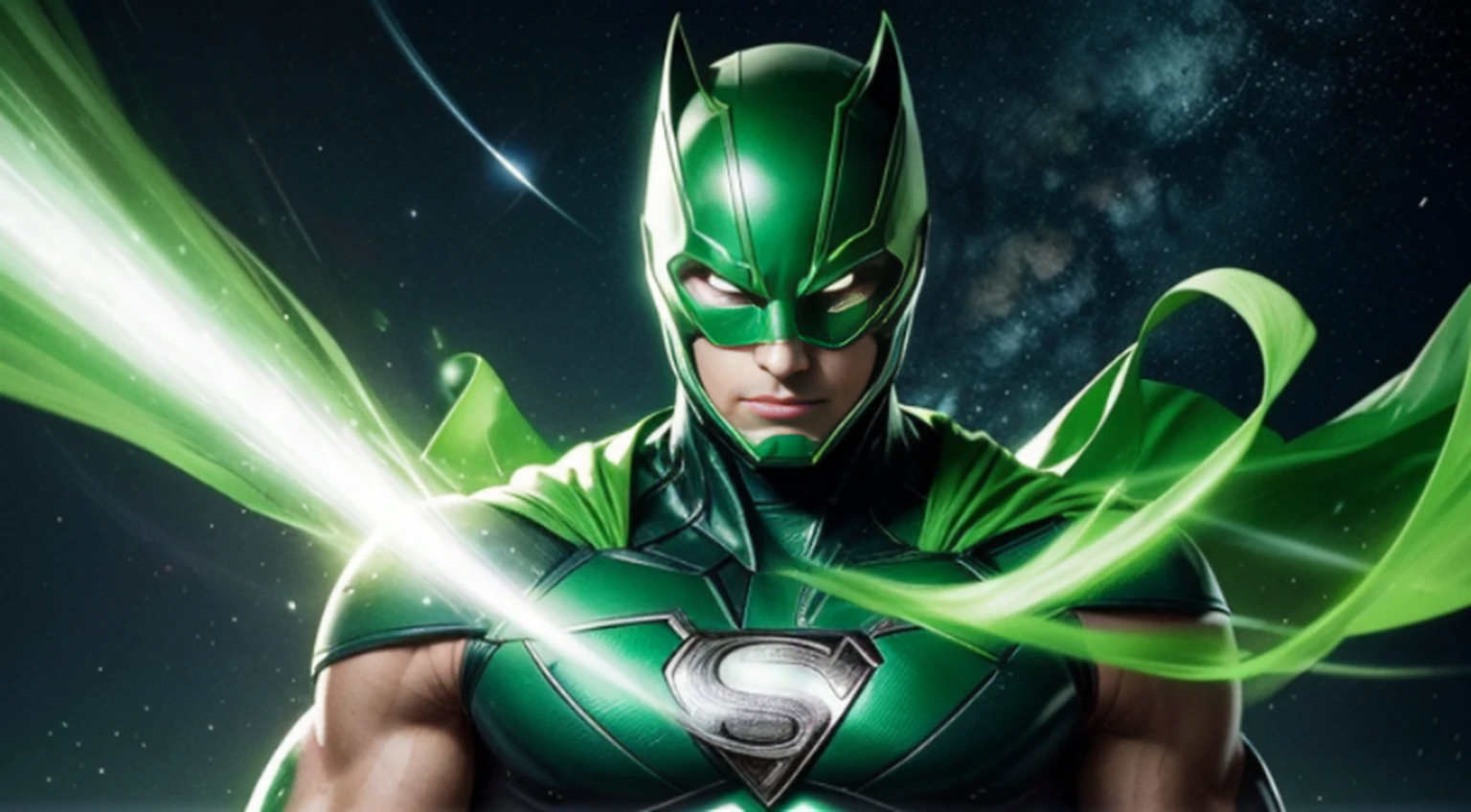 Fotorealista, designe de alta qualidade, detalhes definidos e nitidos, 8k, homem masculino jovem e bonito, imagem com o corpo inteiro, full body, lanterna verde, rosto liso e sem pelos, cabelo na cor verde verde, olhos iluminados, anel do poder com energia verde, Hero mask covering eyes, green superhero costume, personagem lanterna verde, DC comics, Superhero, rosto com imagem definida, Full body flying in space, green lighting, fundo do espaco com planetas e estrelas