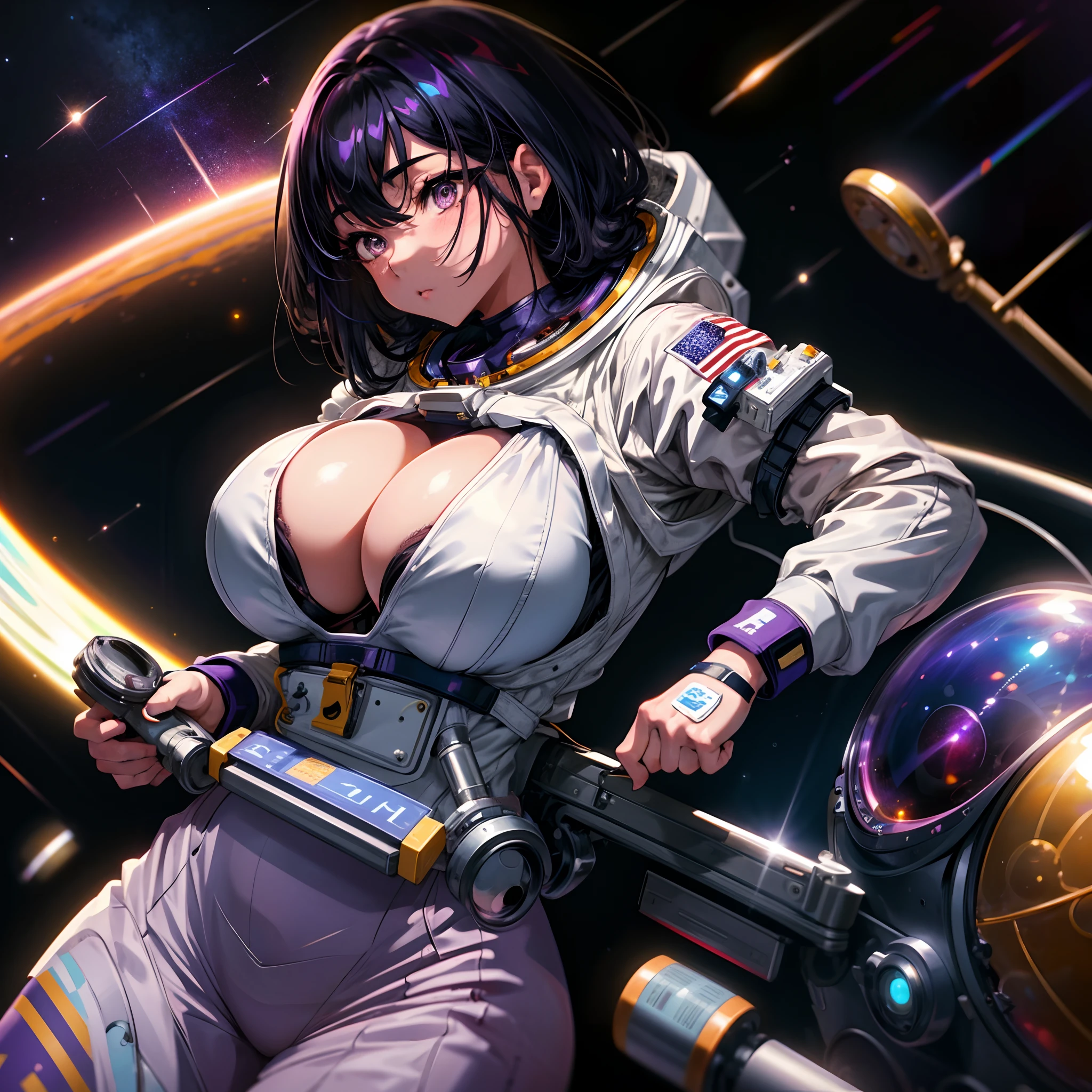 The most beautiful and sexy astronaut girl, black hair, purple eyes, wearing highly detailed astronaut spacesuit, huge gigantic tits, cleavage showing, in outer space, highly detailed background, perfect masterpiece, high quality, high resolution