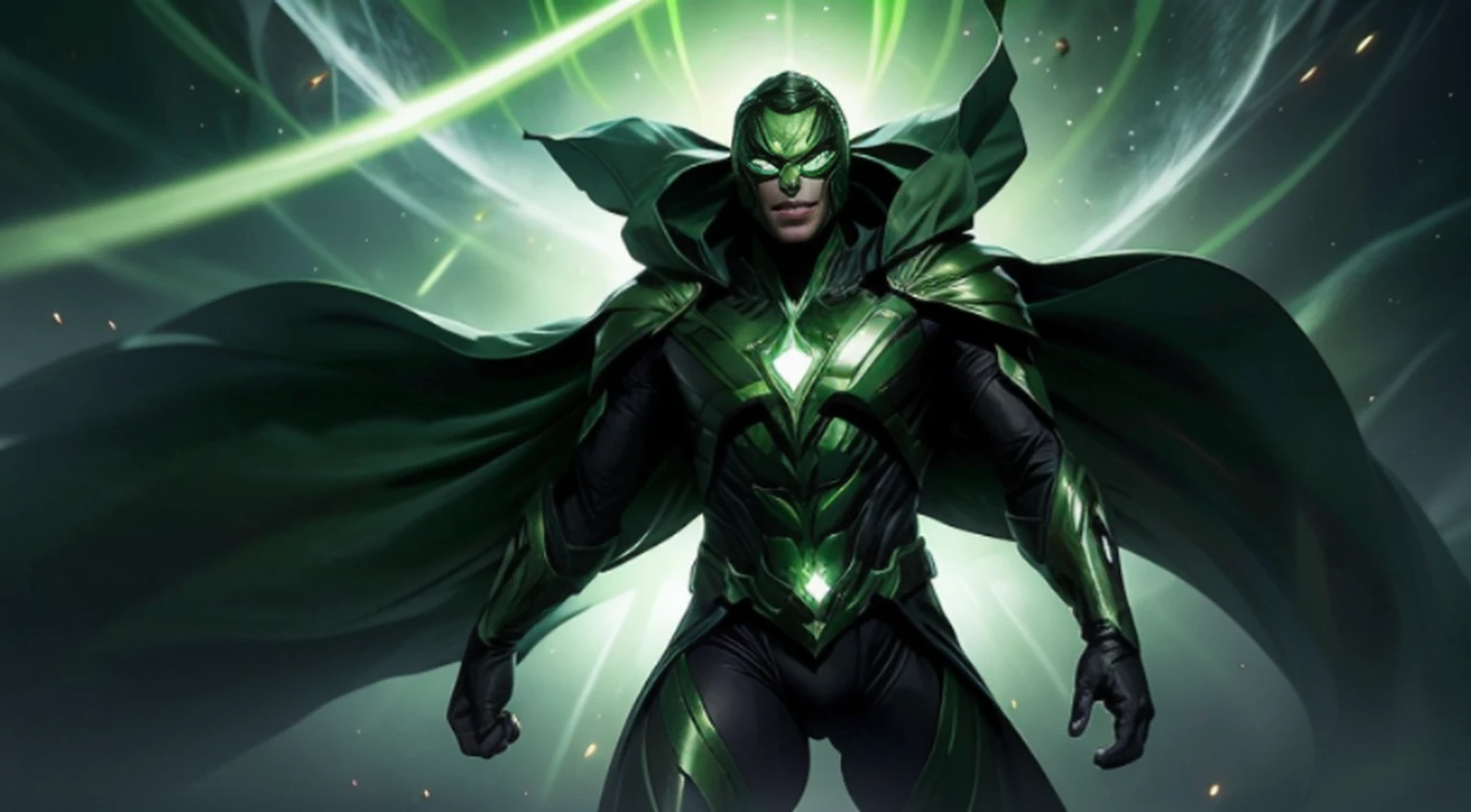 Fotorealista, designe de alta qualidade, detalhes definidos e nitidos, 8k, homem masculino jovem e bonito, imagem com o corpo inteiro, full body, lanterna verde, rosto liso e sem pelos, cabelo na cor verde verde, olhos iluminados, anel do poder com energia verde, Hero mask covering eyes, green superhero costume, personagem lanterna verde, DC comics, Superhero, rosto com imagem definida, Full body flying in space, green lighting, fundo do espaco com planetas e estrelas