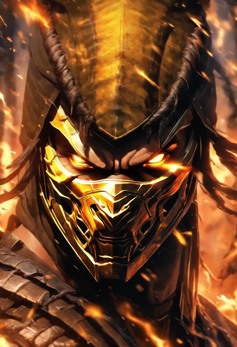 Mortal Kombat Scorpio, olhos brancos, classic mask, filme 1995, sai da floresta no nevoeiro, atmosphere of darkness and horror, in the style of illusory portraits, modular, UHD, --AR 71:118 --s 750 --niji 5