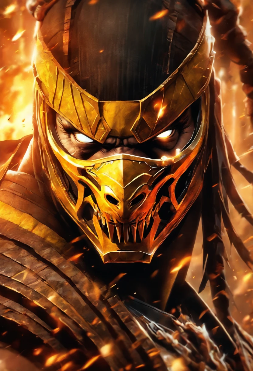 Mortal Kombat Scorpio, olhos brancos, classic mask, filme 1995, sai da floresta no nevoeiro, atmosphere of darkness and horror, in the style of illusory portraits, modular, UHD, --AR 71:118 --s 750 --niji 5