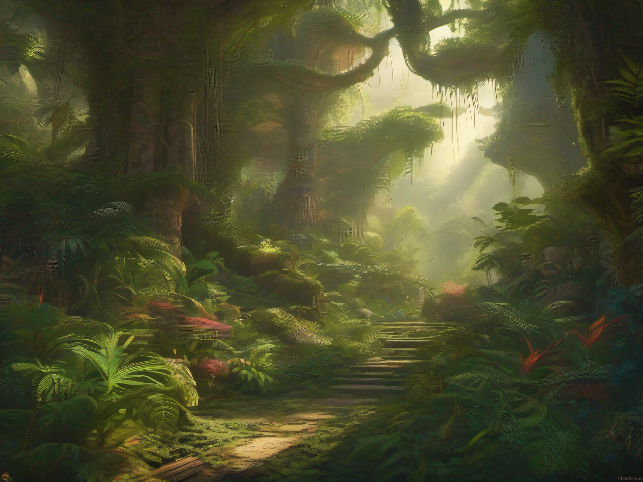 Hyperdetailed regenerative [glitch] still, (koan), matte, understated, (meditative: 1.2), (harmonic) impressionism, cerebral, (interconnected), labyrinth, (introspective), psyche, balanced and reciprocal, concept: "A mysterious jungle with dense foliage, winding paths, and a sense of ancient wisdom. The jungle acts as the lungs of biological life, providing oxygen and absorbing carbon dioxide. Imagine a place where nature reigns supreme, where the sounds of wildlife echo through the trees and the air is thick with the scent of exotic flowers. This jungle is a living organism in itself, pulsing with energy and vitality.