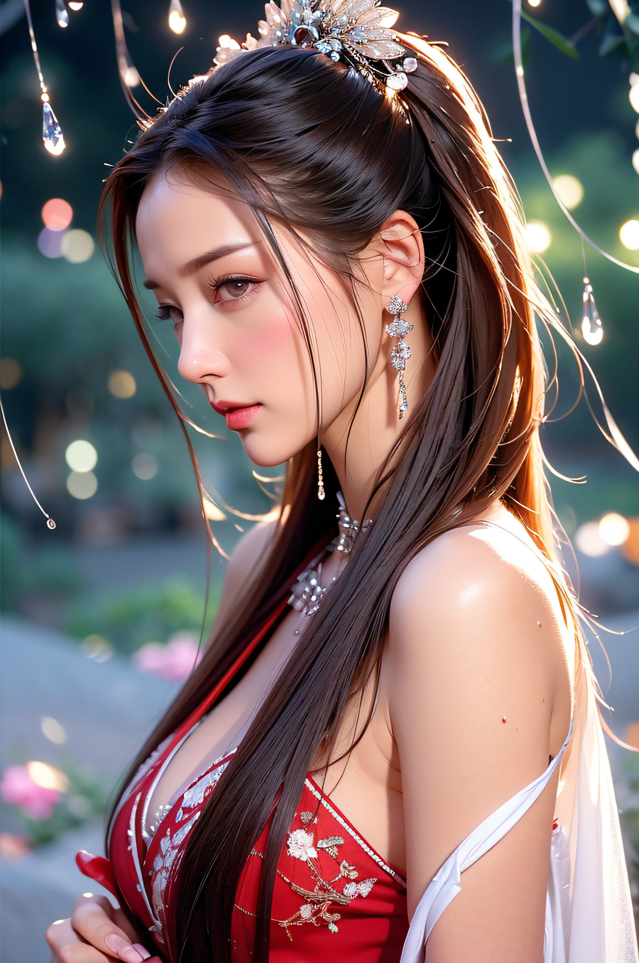 Gilded Chinese Palace,looki at viewer,depth of fields,bokeh dof,light falling,((A MILF))、pregnant woman、Red dress transparent lingerie、one-girl、Red shirt、a black skirt、huge-breasted、 with brown eye、(long whitr hair、brunette color hair、Very straight hair:1.4、hime-cut:1.4)、Earrings necklace、pouty、 A picture、tmasterpiece、top-quality、NFFSW、A high resolution、realistic detail、glistning skin、Mature figure、Plump body、crisp breasts、perfect bodies、wide waist、Extremely colorful、looking at viewert、hyper realisitc、From the front side、watercolor paiting、Traditional media、(color difference、intricately details)、dynamicposes、dynamic ungle、 40k、NFFSW、A high resolution、From the angle from below、ancient Chinese costume、Ancient Chinese hairstyle、Upward hairstyle、The whole body is dressed in white silk cloth、(Close-up of raindrops in the air, Capture the world with raindrops, Distorted reflections, refracted light, The microscopic world inside each droplet, Miniature landscape, inverted image, Ethereal beauty, pause moments, translucent sphere, Distorted reality, Kaleidoscope view, Natural lenses, A glimpse of the present, Miniature world, Raindrop Symphony, Natural interoperability, 1girl in , masutepiece, (Dynamic Angle:1.2))