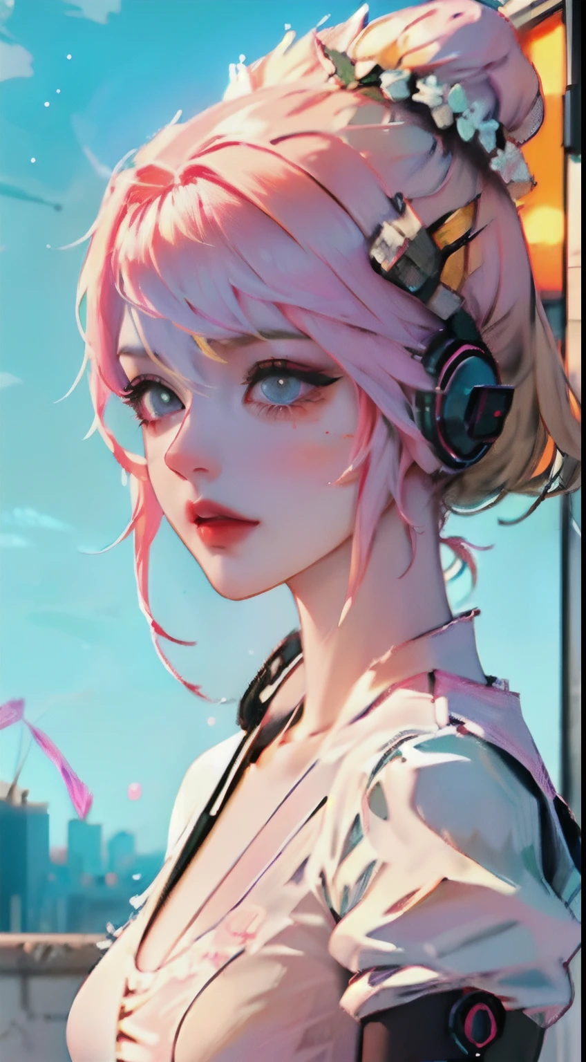short blonde hair cyber punk girl, sexy body, peitos pequenos, medium ass, cityscape, caminhando ao lado de seu cahorro em uma rua, local composto por arvores sakura, chuva caindo, leaves and flowers on the ground, Post Apocalyptic Scenario, Chaotic city, (entardecer) luzes neon) highes definition, 8k, cores neon vibrantes, dystopian background in pastels, Post-apocalyptic city, foco principal na garota, panoramic image, personagens vistos de costas, cidade em tons pasteis, foco principal nos personagens,