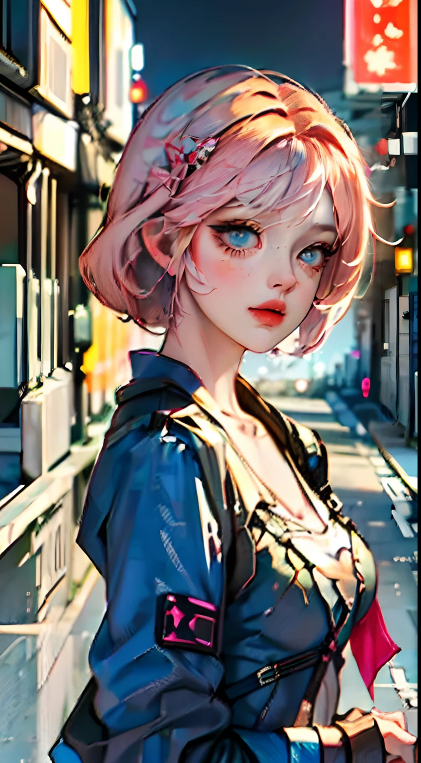 short blonde hair cyber punk girl, sexy body, peitos pequenos, medium ass, cityscape, caminhando ao lado de seu cahorro em uma rua, local composto por arvores sakura, chuva caindo, leaves and flowers on the ground, Post Apocalyptic Scenario, Chaotic city, (entardecer) luzes neon) highes definition, 8k, cores neon vibrantes, dystopian background in pastels, Post-apocalyptic city, foco principal na garota, panoramic image, personagens vistos de costas, cidade em tons pasteis, foco principal nos personagens,