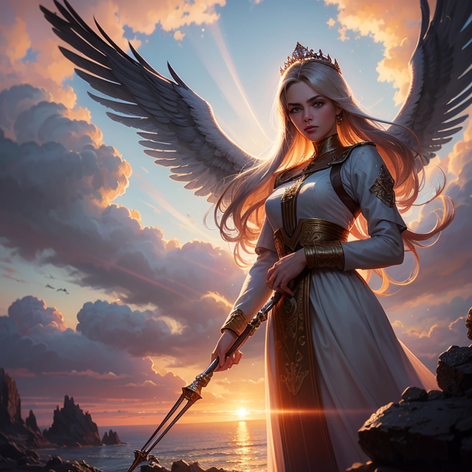 see through, de baixo, Cabelos Super Longos, cabelos ondulados,  cor pastel, flying birds,  Estrela cadente, galaxy, 1girl, sozinho, cabelos longos,  jewelries, Brincos, ao ar livre, heaven,  Cloud, colar, lips, vento, Sunset, arm support, head chain, cadeia corporal,  detalhes intrincados, ornamental, blurry background, fundo nebuloso, (luz de aro:1.2), (luz de fundo:1.2), ((Raio Crepuscular)), oilpainting style,