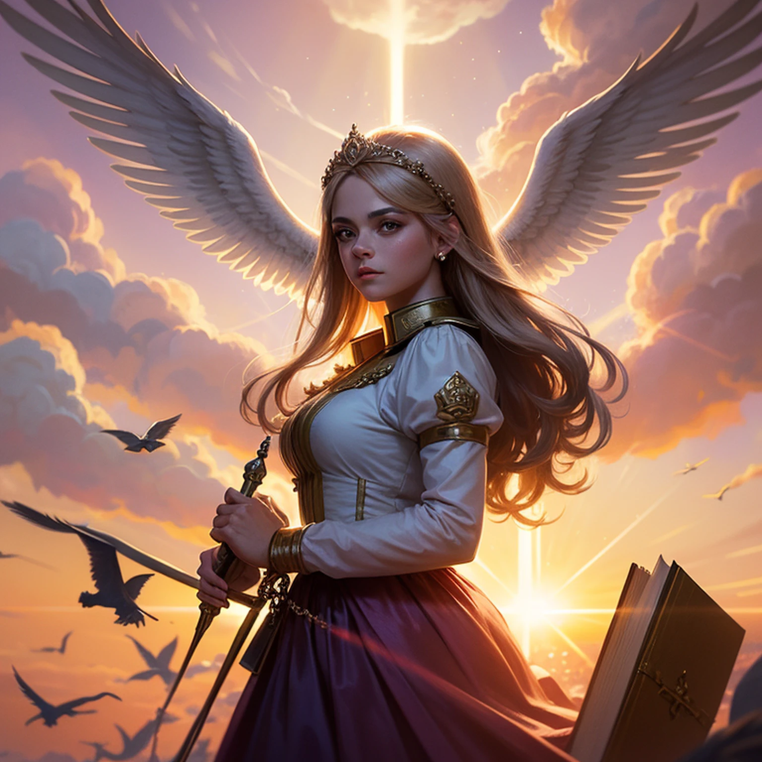 see through, de baixo, Cabelos Super Longos, cabelos ondulados, cor pastel, flying birds, Estrela cadente, galaxy, 1girl, sozinho, cabelos longos, jewelries, Brincos, ao ar livre, heaven, Cloud, colar, lips, vento, Sunset, arm support, head chain, cadeia corporal, detalhes intrincados, ornamental, blurry background, fundo nebuloso, (luz de aro:1.2), (luz de fundo:1.2), ((Raio Crepuscular)), oilpainting style,