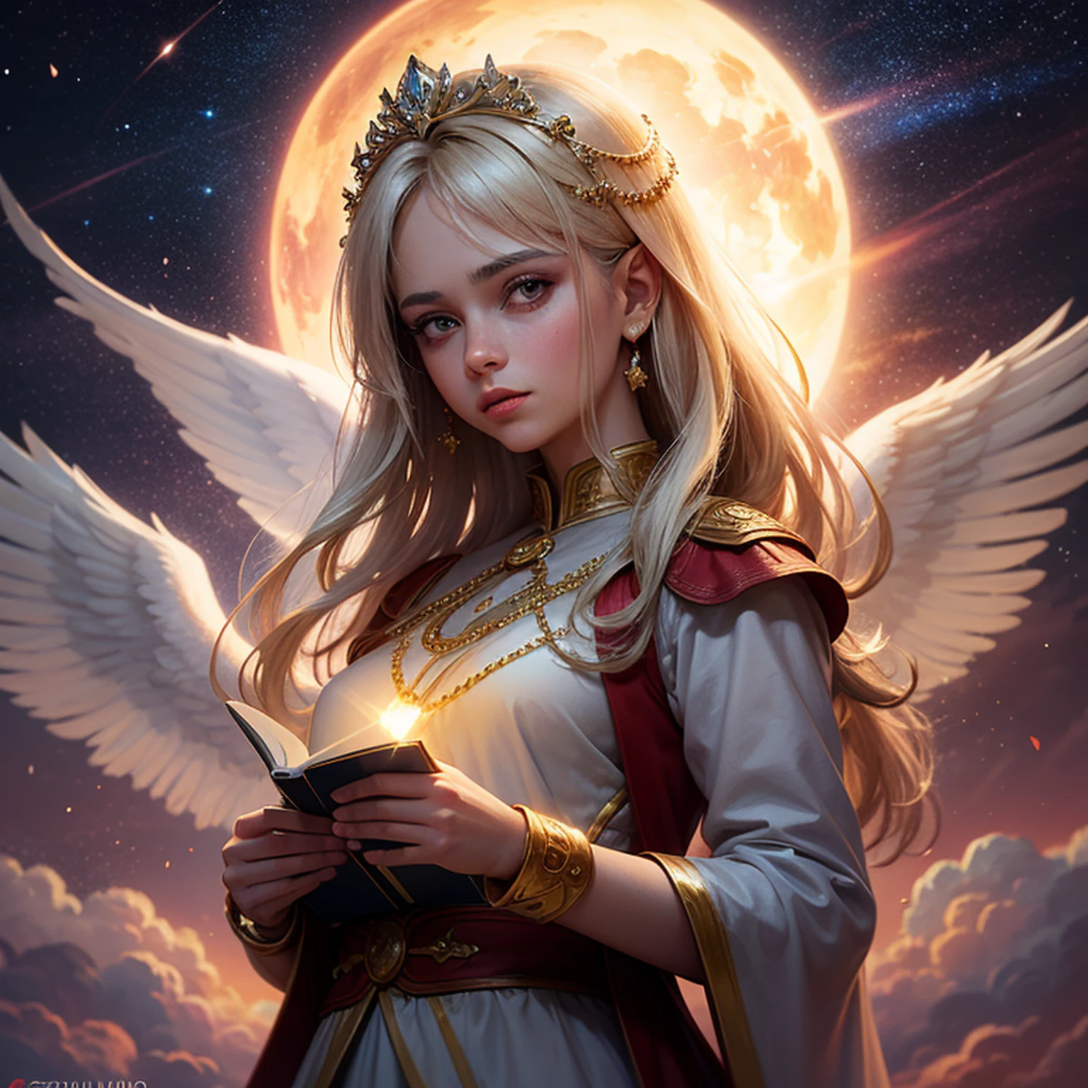 see through, de baixo, Cabelos Super Longos, cabelos ondulados,  cor pastel, flying birds,  Estrela cadente, galaxy, 1girl, sozinho, cabelos longos,  jewelries, Brincos, ao ar livre, heaven,  Cloud, colar, lips, vento, Sunset, arm support, head chain, cadeia corporal,  detalhes intrincados, ornamental, blurry background, fundo nebuloso, (luz de aro:1.2), (luz de fundo:1.2), ((Raio Crepuscular)), oilpainting style,