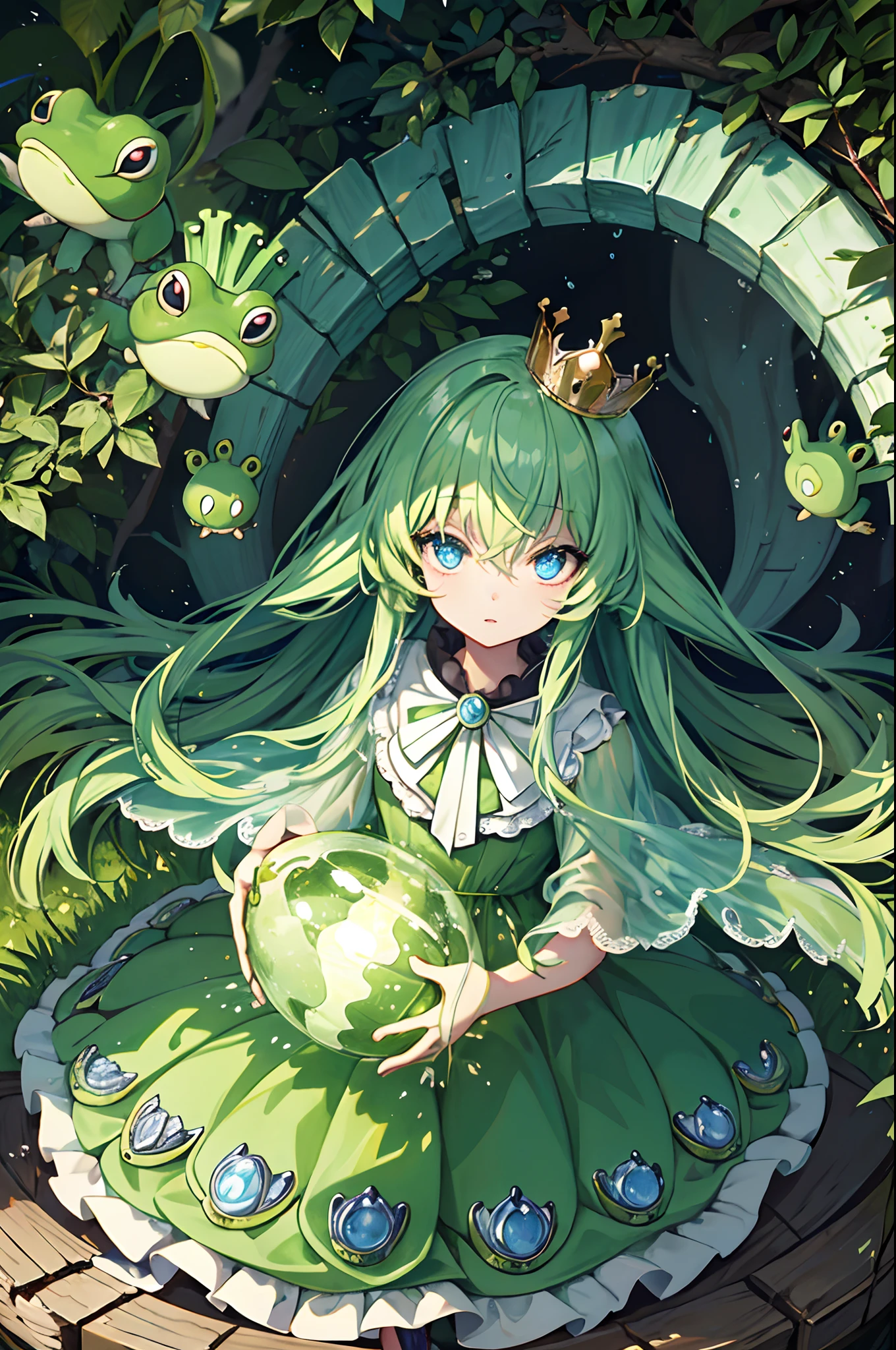 Crowned frog　frog　amphibians　Princess　the woods　steampunc　children's storybook　​masterpiece　Top image quality　Darken shading(light)　Clear　cinematic shadow　Increased attractiveness of the eyes　{Perfect face} 　Clear the shine of the eyes　Draw eyelashes neatly