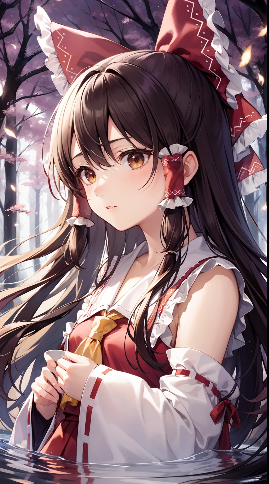 detailed background, masterpiece, best quality, 1girl, hakurei reimu, brown hair, hair tubes, hair ribbon, brown eyes, nontraditional miko, a forest full of purple and white trees, fireflies, water, purple theme, white theme, mystical, magical,