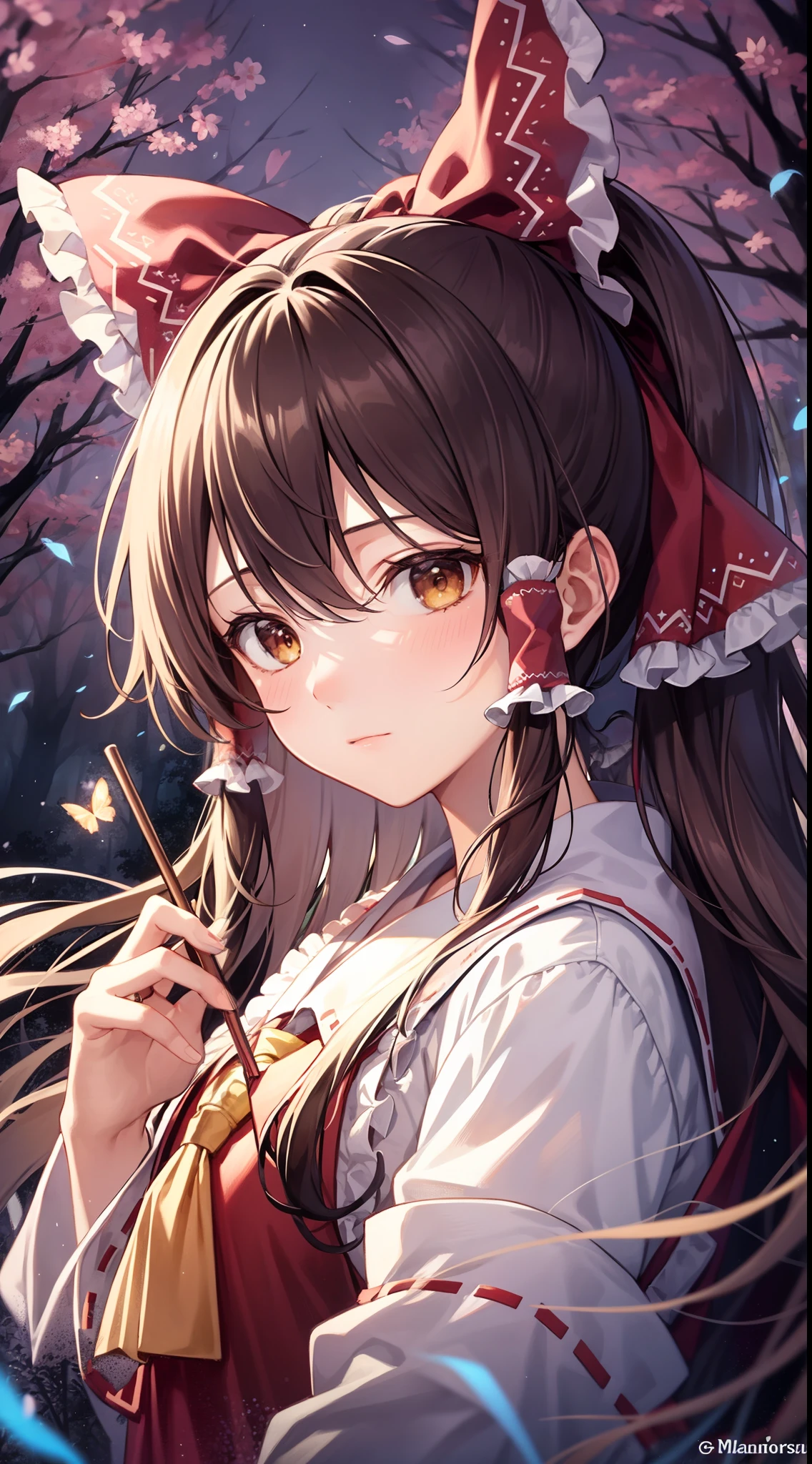 detailed background, masterpiece, best quality, 1girl, hakurei reimu, brown hair, hair tubes, hair ribbon, brown eyes, nontraditional miko, a forest full of purple and white trees, fireflies, water, purple theme, white theme, mystical, magical,