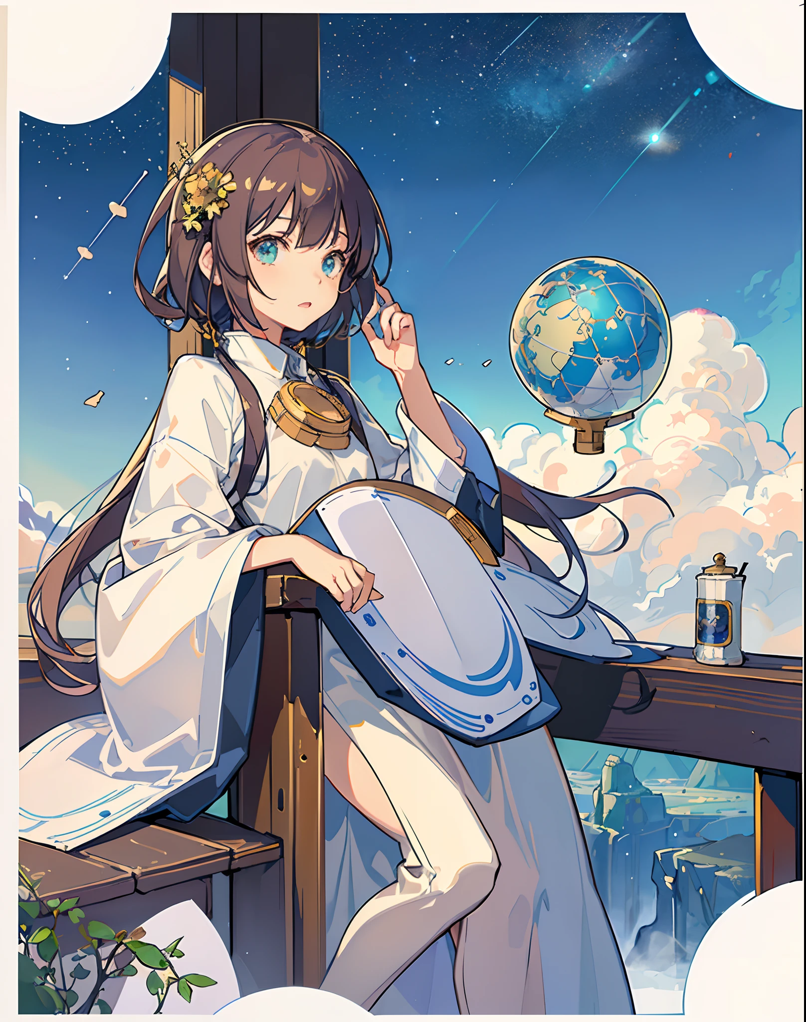 best quality, masterpiece, extremely detailed, detailed background, anime, 1girl, young girl, short girl, sci-fi, science fiction, outdoors, night, starry sky, greenhouse, megastructure, bio-dome, landscape, scenery, horizon, rooftop, sitting on rooftop, wind, looking away, atmospheric lighting, solo focus, close up, from side, depth of field, bokeh