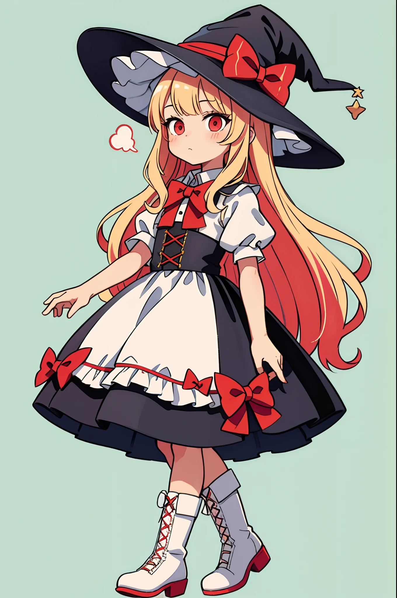 best quality,masterpiece,traditional media, marker_\(medium\),painting_\(medium\),watercolor_\(medium\),simple_background,1girl,witch,solo, full body,long hair, blonde hair, witch hat,red eyes,puffy sleeves,white_bow,dress,red_footwear,bow, short sleeves,boots,