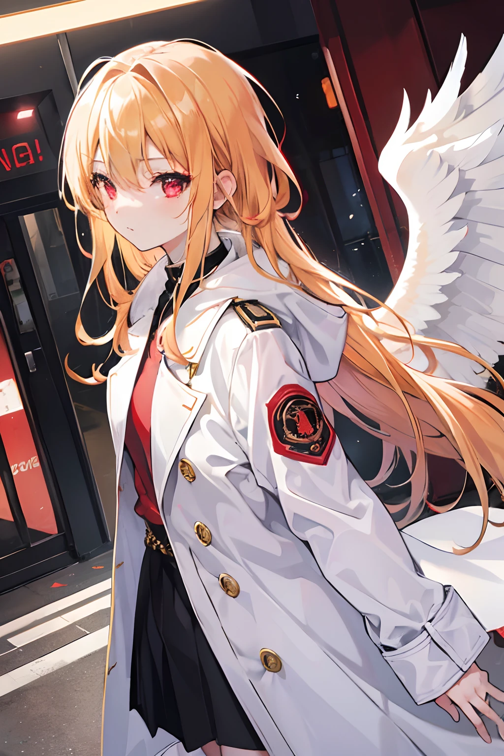 1girl, golden hair, red eyes, long white trench coat, white angel wings on her back, on the streets of a city, clothes with black details, shiny eyes