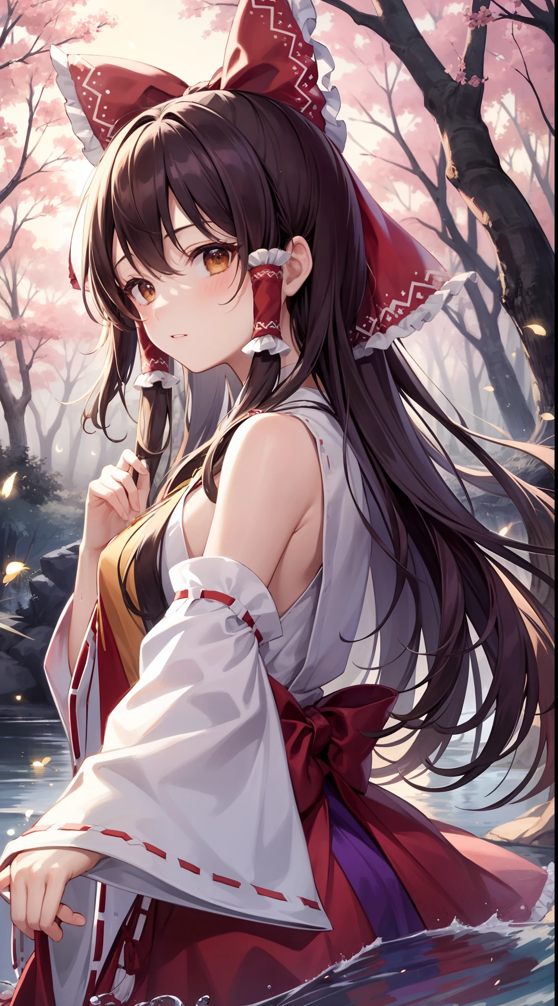 detailed background, masterpiece, best quality, 1girl, hakurei reimu, brown hair, hair tubes, hair ribbon, brown eyes, nontraditional miko, a forest full of purple and white trees, fireflies, water, purple theme, white theme, mystical, magical,