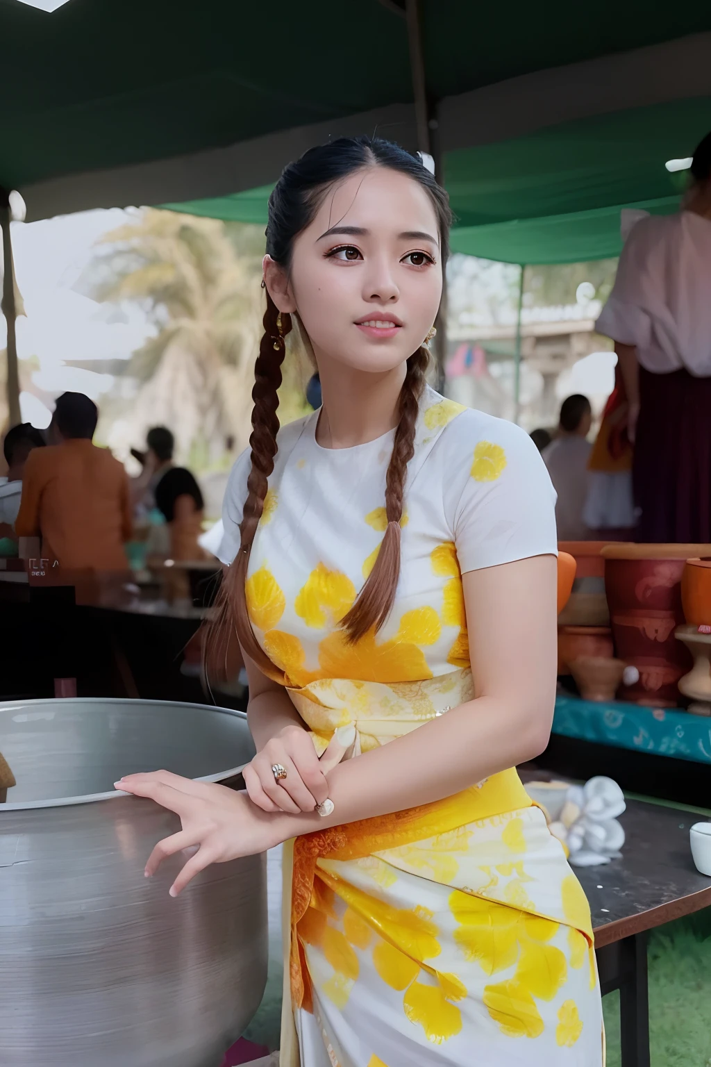 arafed woman in a yellow and white dress standing next to a large pot, dilraba dilmurat, sukhothai costume, anime thai girl, in style of thawan duchanee, nivanh chanthara, nuttavut baiphowongse, a young asian woman, traditional beauty, a cute young woman