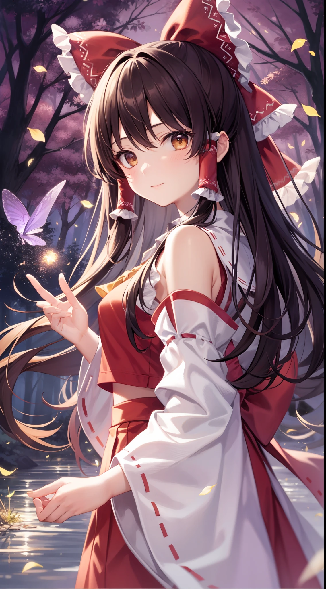 detailed background, masterpiece, best quality, 1girl, hakurei reimu, brown hair, hair tubes, hair ribbon, brown eyes, nontraditional miko, a forest full of purple and white trees, fireflies, water, purple theme, white theme, mystical, magical,
