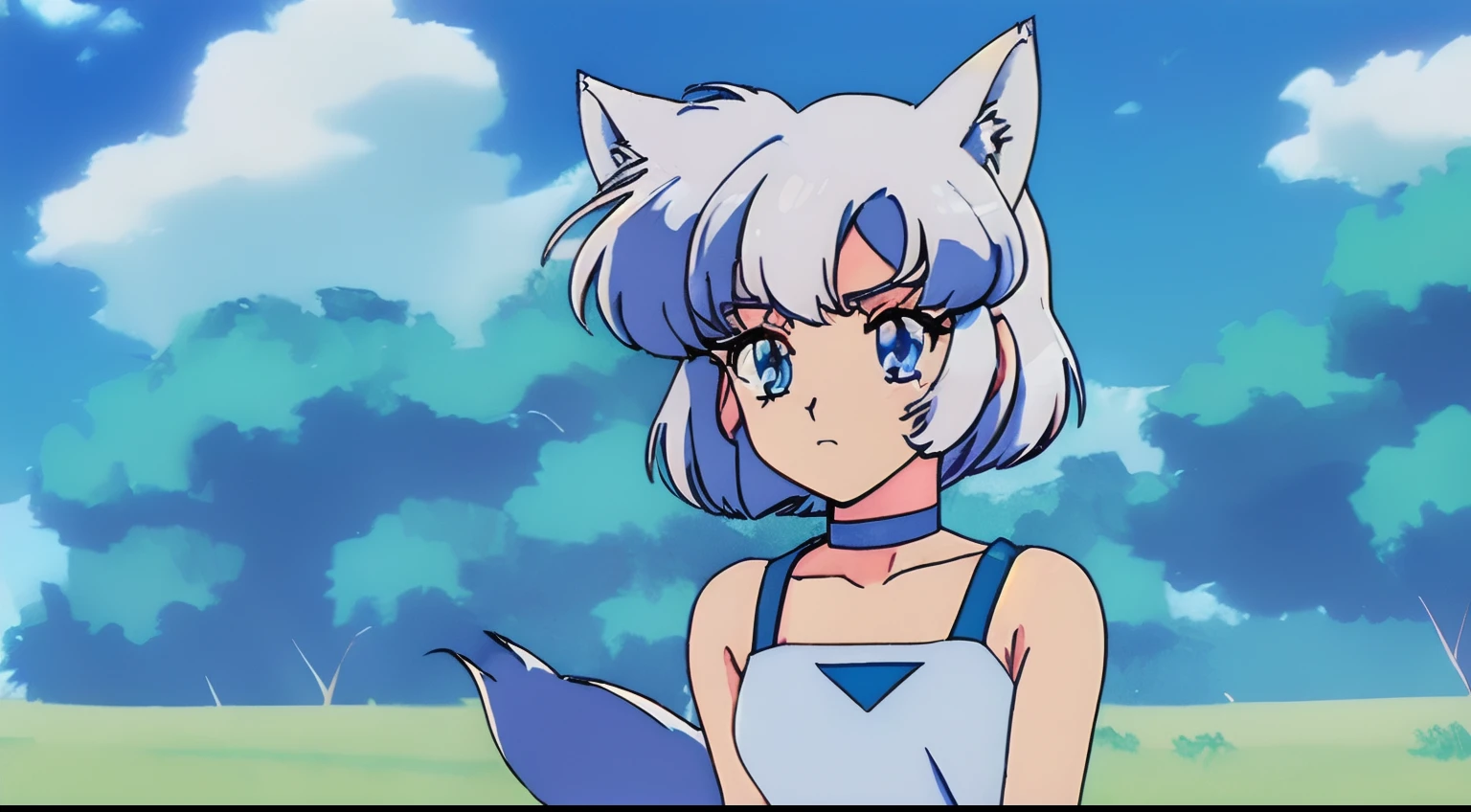 Masterpiece, 1girl, {{Candy Candy style}}, (wolf girl, wolf ears, wolf tail), (solo animal ears, no human ears), ((((short hair)))), silver white hair)), hair clip, (hair tap eye), ((blue eyes)), long eyeslashes, eyeliner, (((small breasts, old large dress with bare shoulders))), solo, full body, ((standing)), ((worried, sad expression, melancholic, look blue eyes)), portrait, close-up, (field background, sky, clouds), face, closed_mouth, blush:1.5, anime_coloring, eyelashes, shiny, head_tilt, detailed shadows, (((Anime retro style, anime coloring))).