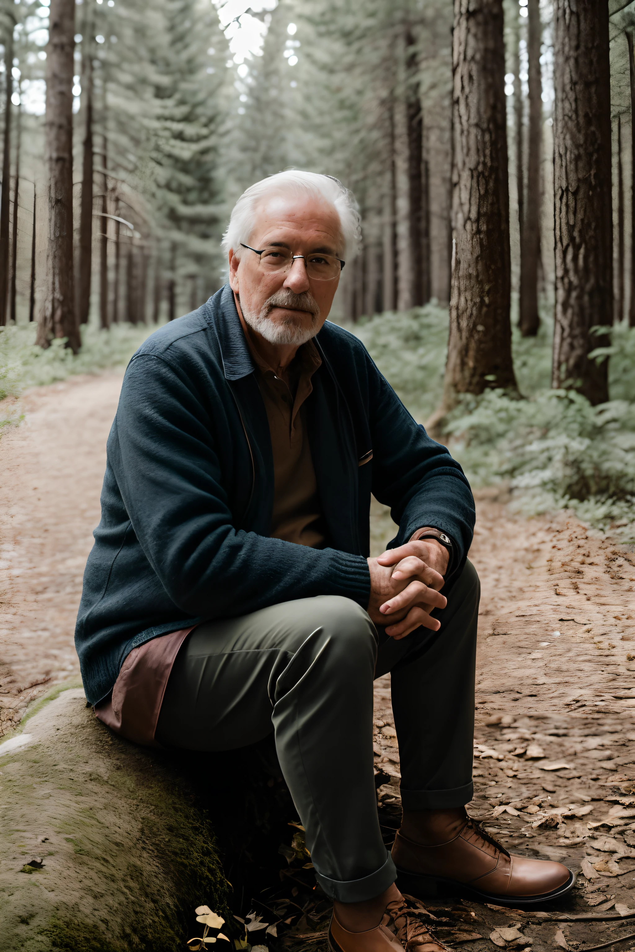 Photo brute, Une photo portrait de 70 ans.O homme, traveler clothes, Sitting in the forest, peau naturelle, 8K UHD, High quality, grain du film, Fujifilm XT3