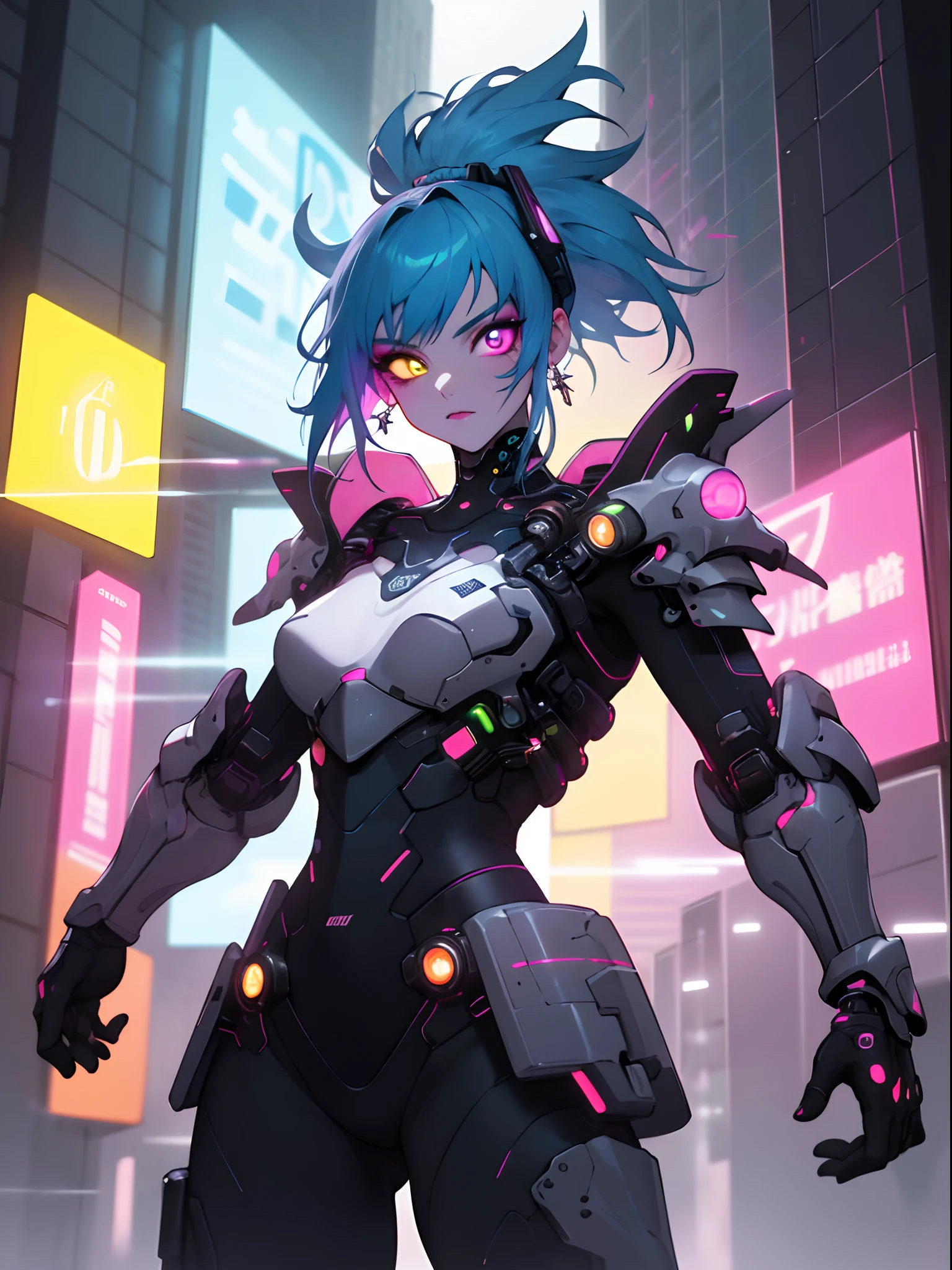 masterpiece, best quality, Confident cyberpunk girl, cowboy shot, Harajuku-inspired pop outfit, bold colors and patterns, eye-catching accessories, trendy and innovative hairstyle, vibrant makeup, Cyberpunk dazzling cityscape, skyscrapers, neon signs, LED lights, bright and vivid color scheme, anime, illustration, detailed skin texture, detailed cloth texture, beautiful detailed face, intricate details, ultra detailed.