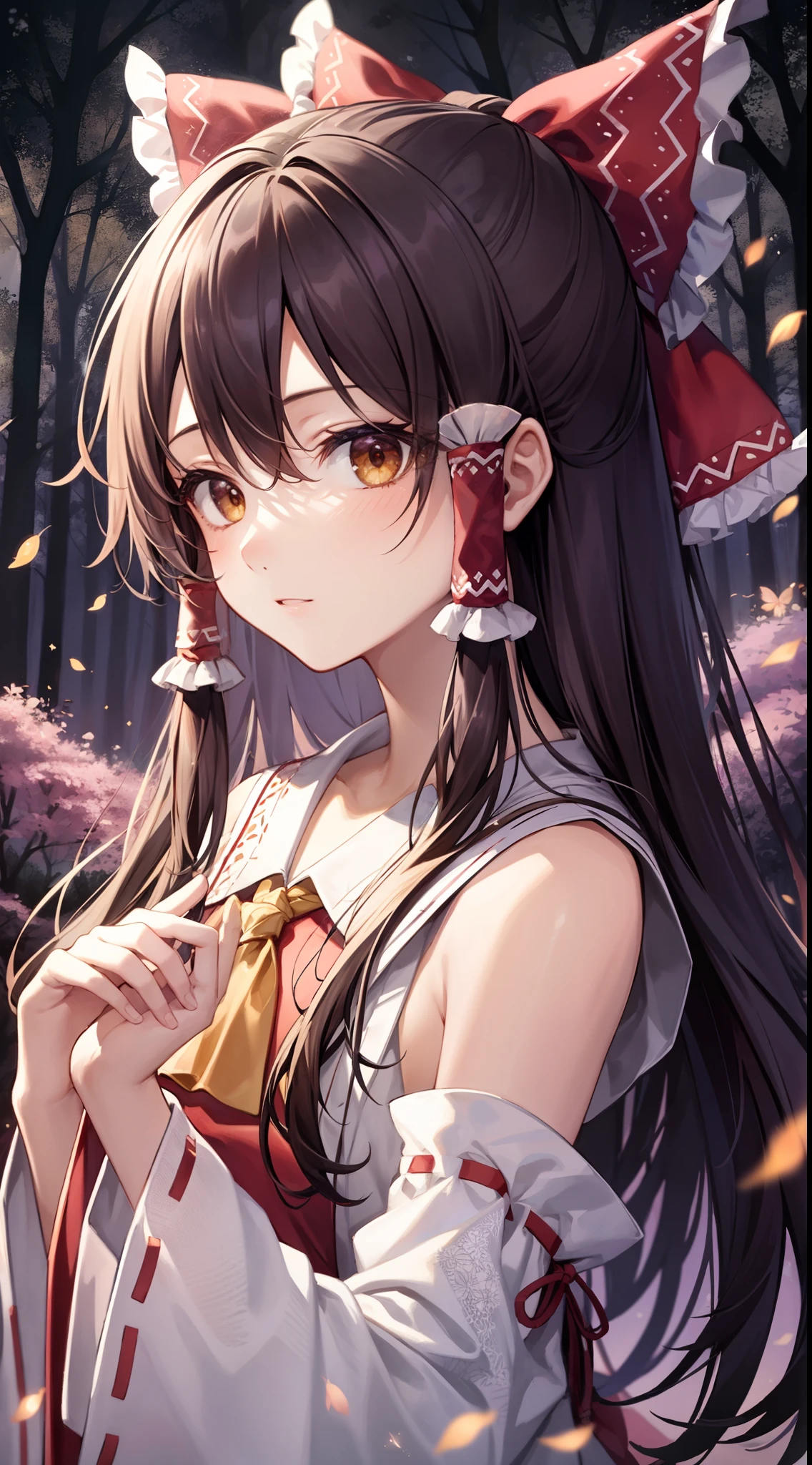 detailed background, masterpiece, best quality, 1girl, hakurei reimu, brown hair, hair tubes, hair ribbon, brown eyes, nontraditional miko, a forest full of purple and white trees, fireflies, water, purple theme, white theme, mystical, magical,