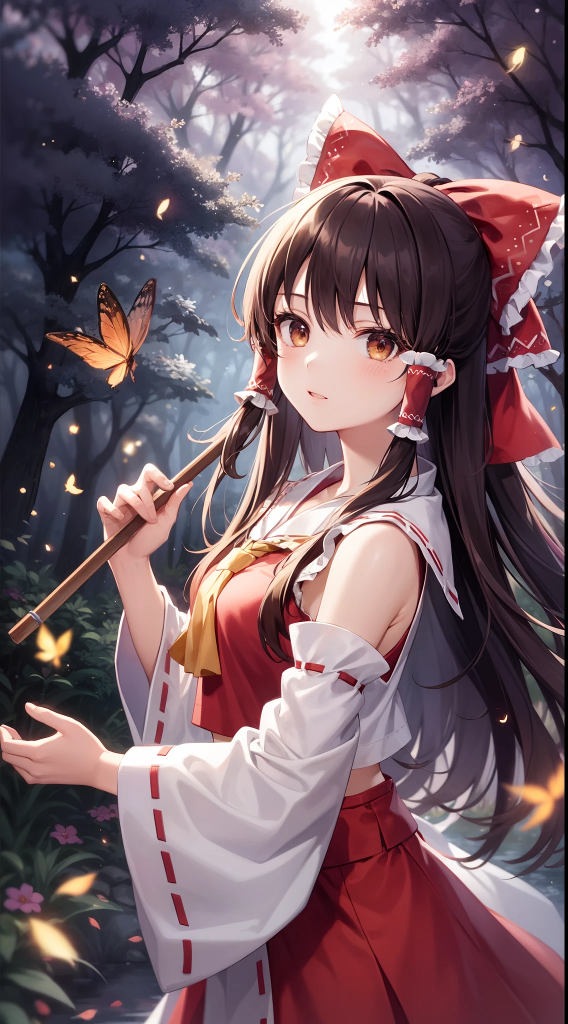 detailed background, masterpiece, best quality, 1girl, hakurei reimu, brown hair, hair tubes, hair ribbon, brown eyes, nontraditional miko, a forest full of purple and white trees, fireflies, water, purple theme, white theme, mystical, magical,