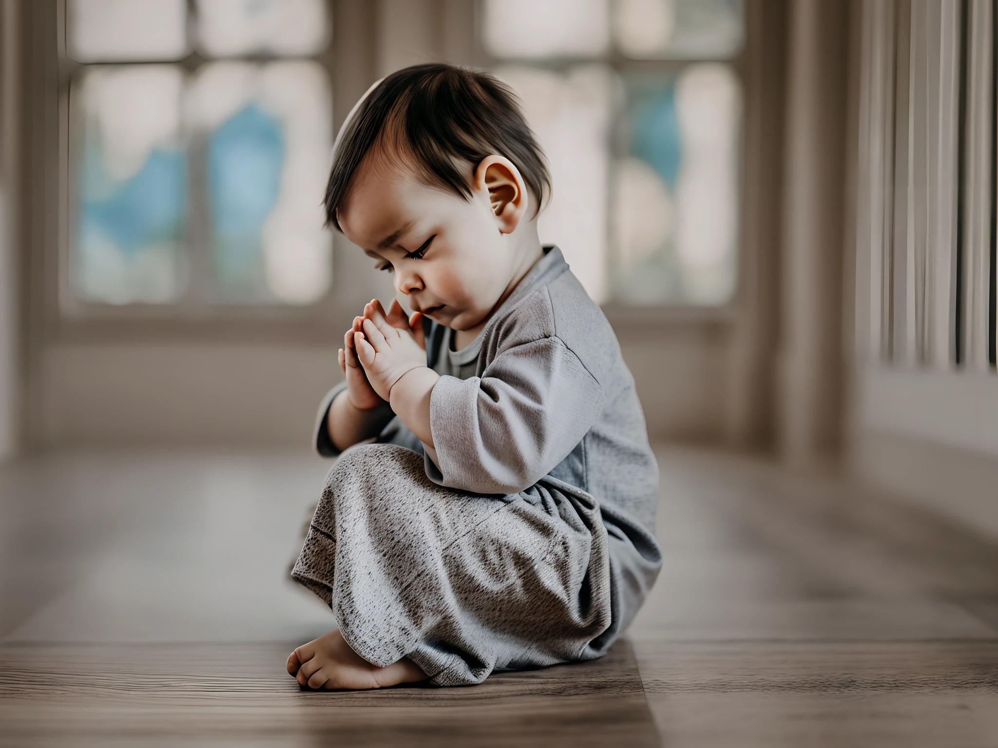 a beautiful baby on his knees and folded hands praying with a blurred cross in the background, 4k realistic photo --auto --s2