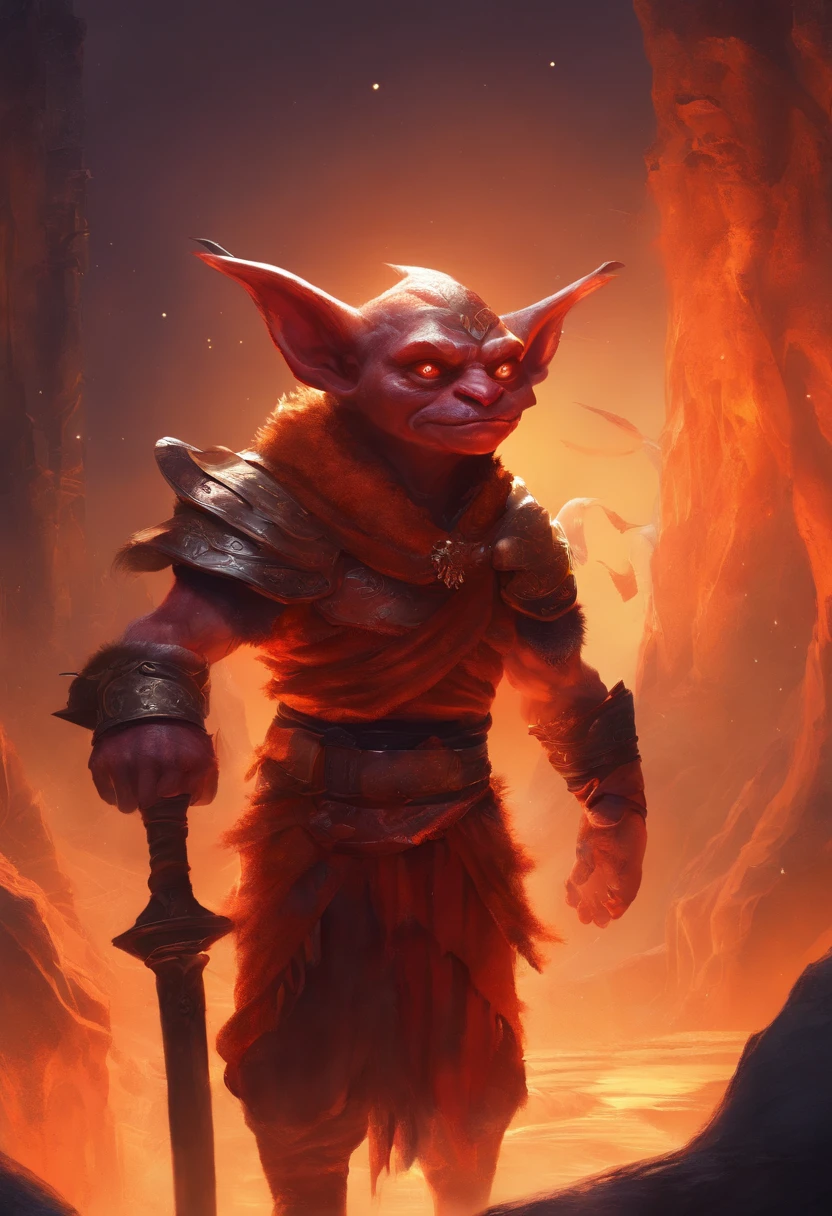 A red-skinned goblin (inspected from the red-skinned Japanese Oni demon). The elf is dressed in a toga made of furry orange fur. the skin is orange in color with black dots and thin stripes and a round patch on the skin. The atmosphere is one of magic and romance and mystery. In the background the universe. realistic image, perfect quality, high definition. the goblin is being hit, pierced, impaled, by a beam of white light coming from above.